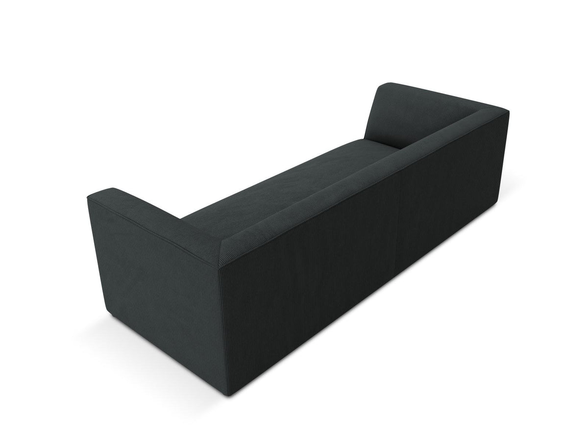 Gelbes 3-Sitzer Sofa Siena mit Massivholzrahmen, Ottawa-Stoffbezug und schwarzen Kunststoffbeinen aus Polypropylen, Frontalansicht.