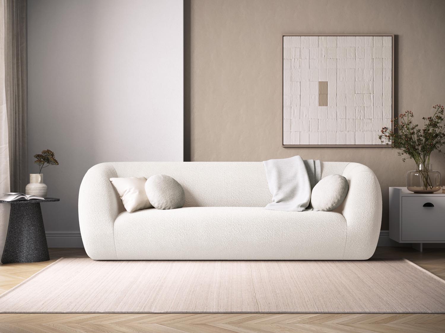 Elegantes 3-Sitzer Sofa "Essen" in Boucle-Optik, ideal für stilvolle Wohnräume, präsentiert von Cosmopolitan Design.
