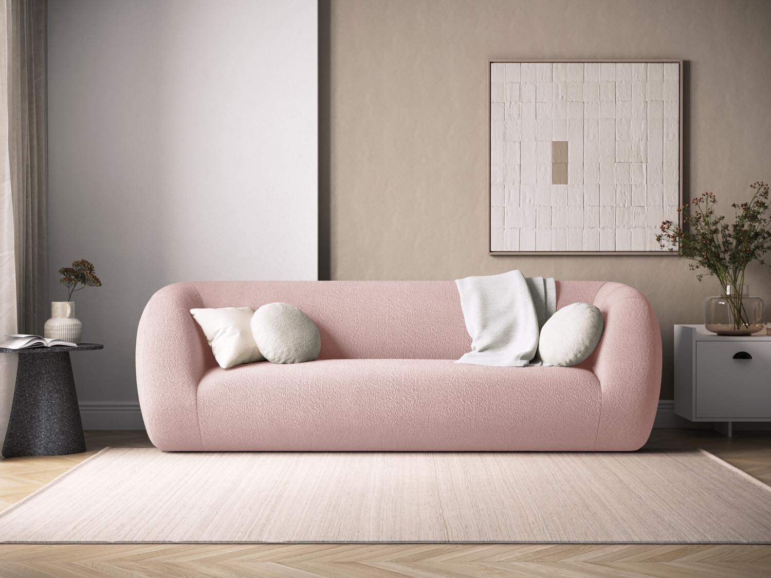 Elegantes 3-Sitzer Sofa "Essen" in sanftem Powder Pink-Baloo, stilvoll präsentiert von Cosmopolitan Design für modernes Wohnen.