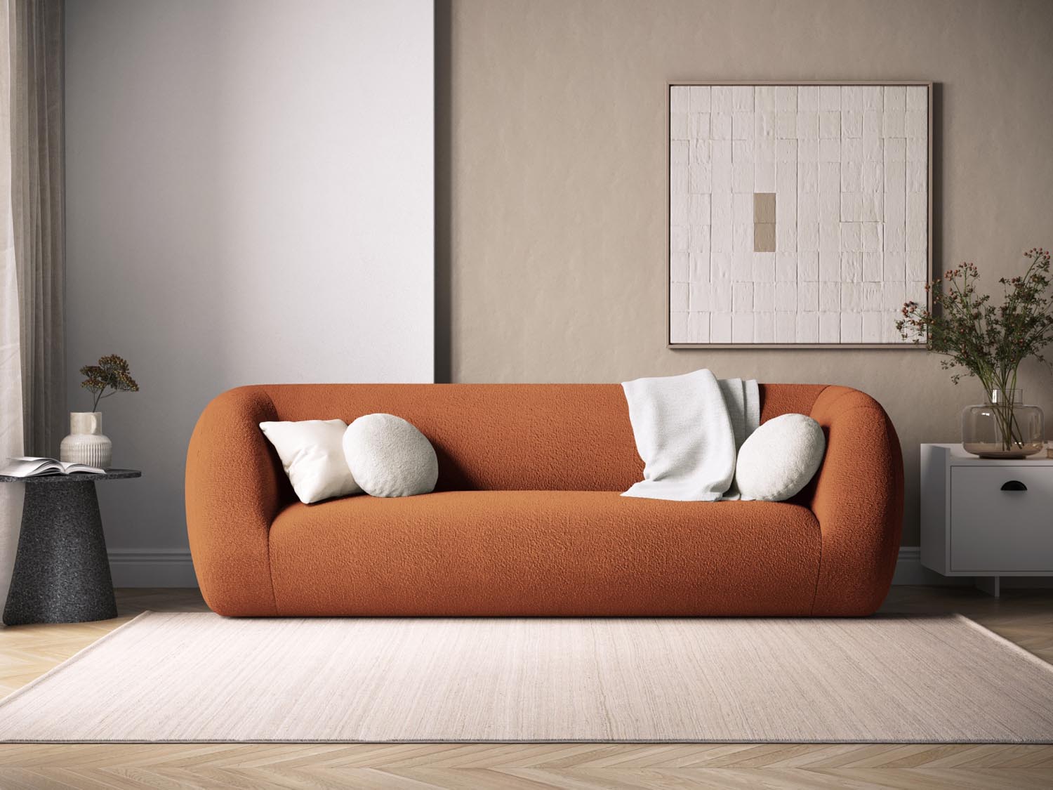 Elegantes 3-Sitzer Sofa "Essen" in warmem Terracotta-Boucle, stilvoll und modern, ideal für jedes Wohnzimmer.