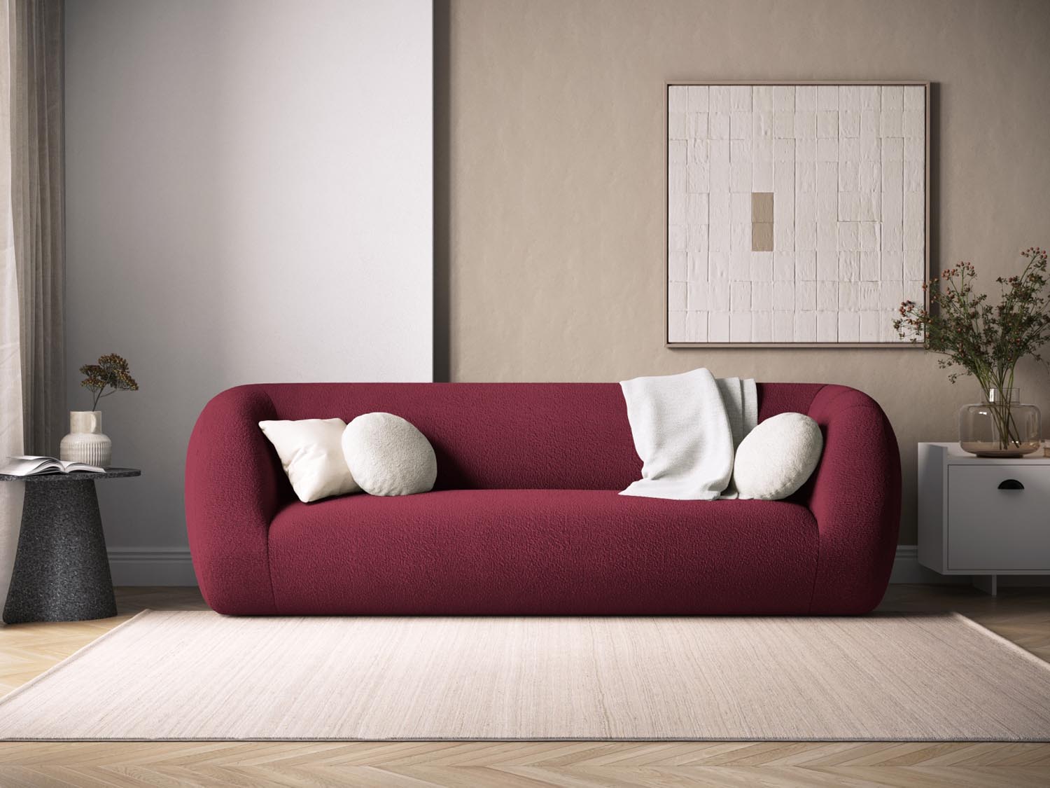 Elegantes 3-Sitzer Sofa "Essen" in Bordeaux-Boucle, stilvoll und modern, ideal für jedes Wohnzimmer, präsentiert von Cosmopolitan Design.