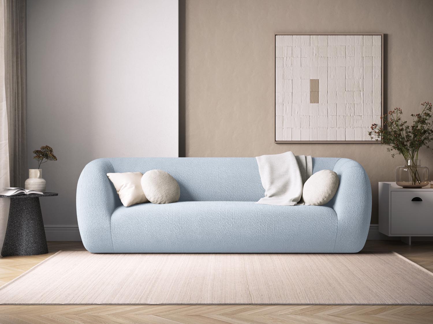 Elegantes 3-Sitzer Sofa "Essen" in sanftem Hellblau, stilvoll und modern, ideal für jedes Wohnzimmer, entworfen von Cosmopolitan Design.