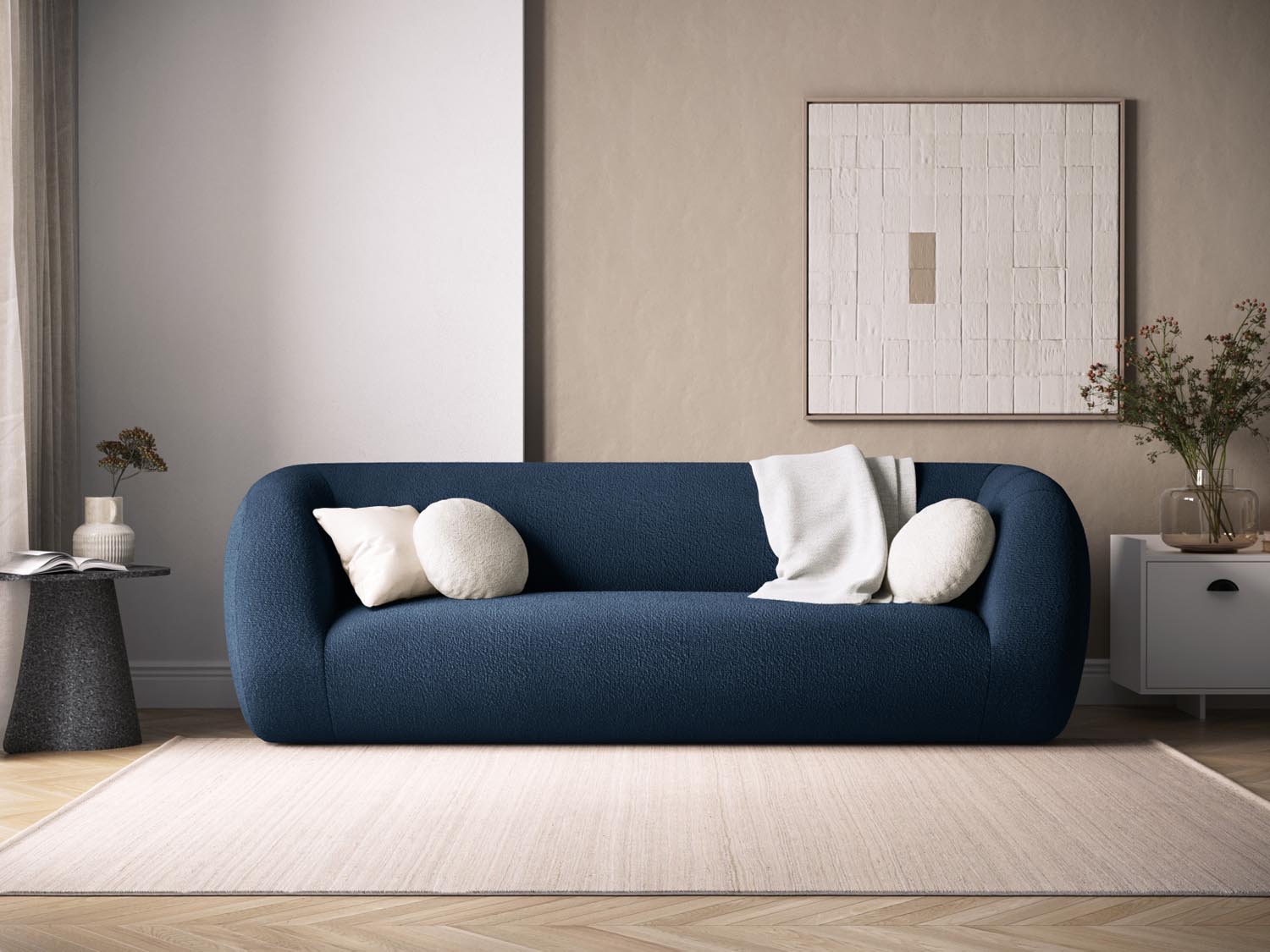 Elegantes 3-Sitzer Sofa "Essen" in Boucle-Optik, dunkelblau, ideal für stilvolle Wohnräume, präsentiert von Cosmopolitan Design.