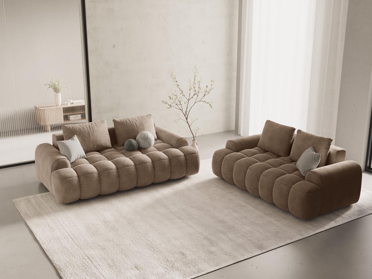 Elegantes Linz Velour Sofa in Dunkelbeige, 3-Sitzer mit modernem Design, ideal für stilvolle Wohnräume.