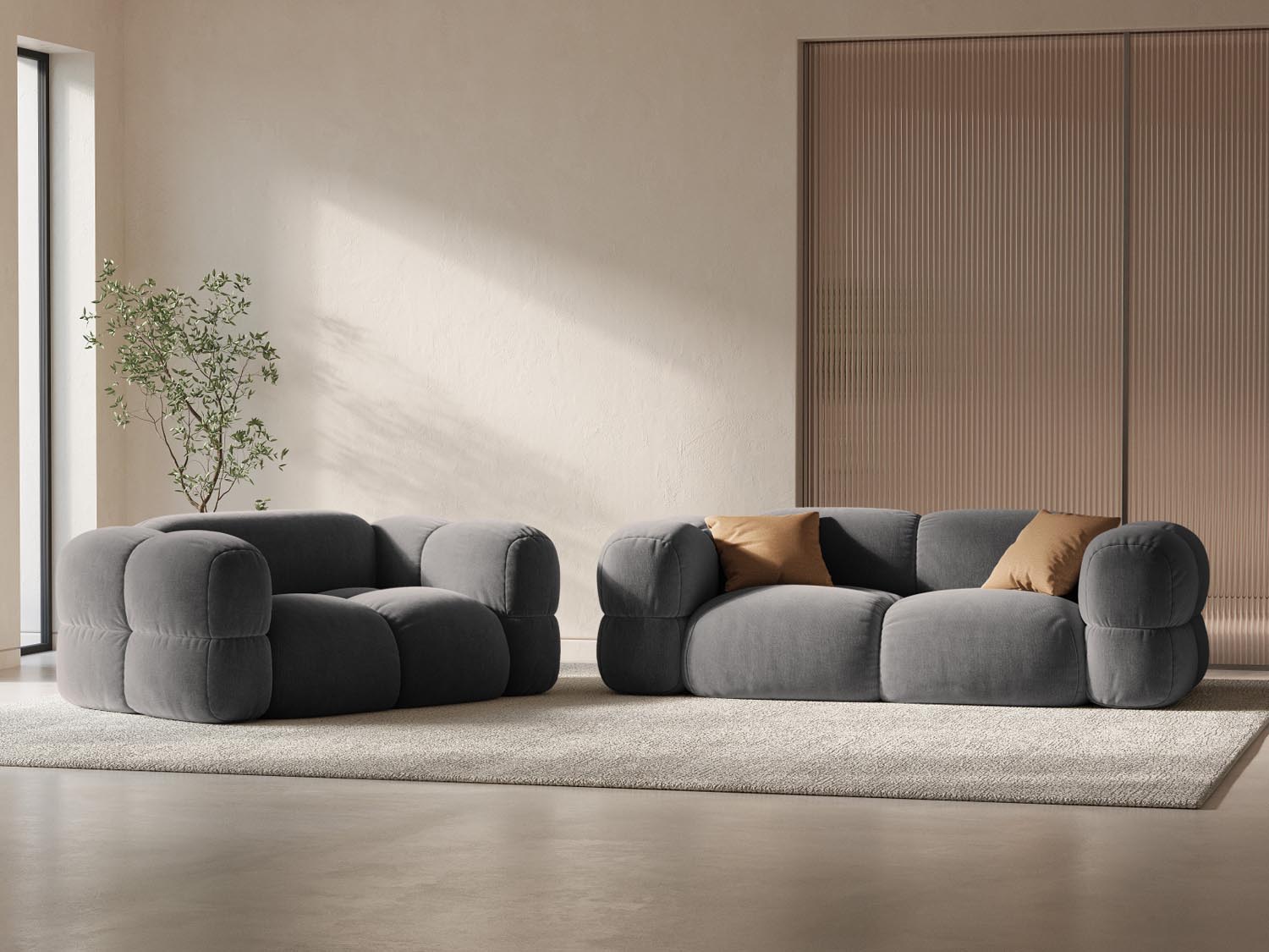Elegantes Loretto Velour Sofa in Grau, 3-Sitzer mit modernem Design, ideal für stilvolle Wohnräume und gemütliche Abende.