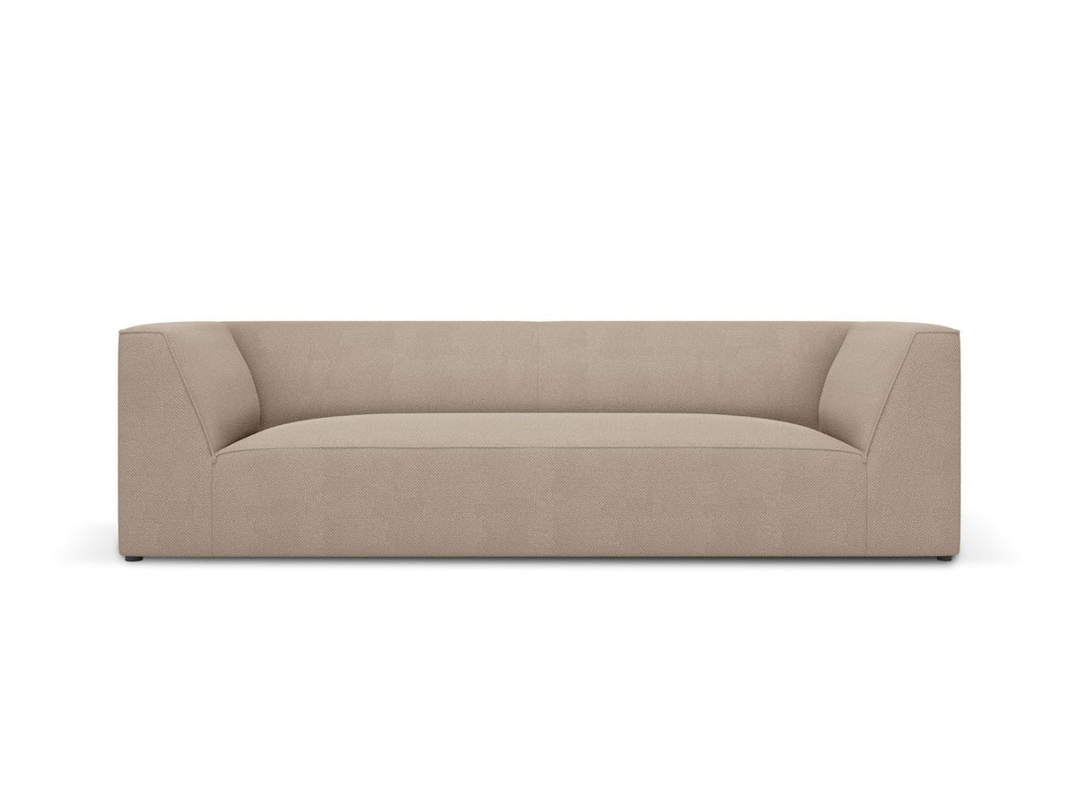 Gelbes 3-Sitzer Sofa Siena mit Massivholzrahmen, Ottawa-Stoffbezug und schwarzen Kunststoffbeinen aus Polypropylen, Frontalansicht.