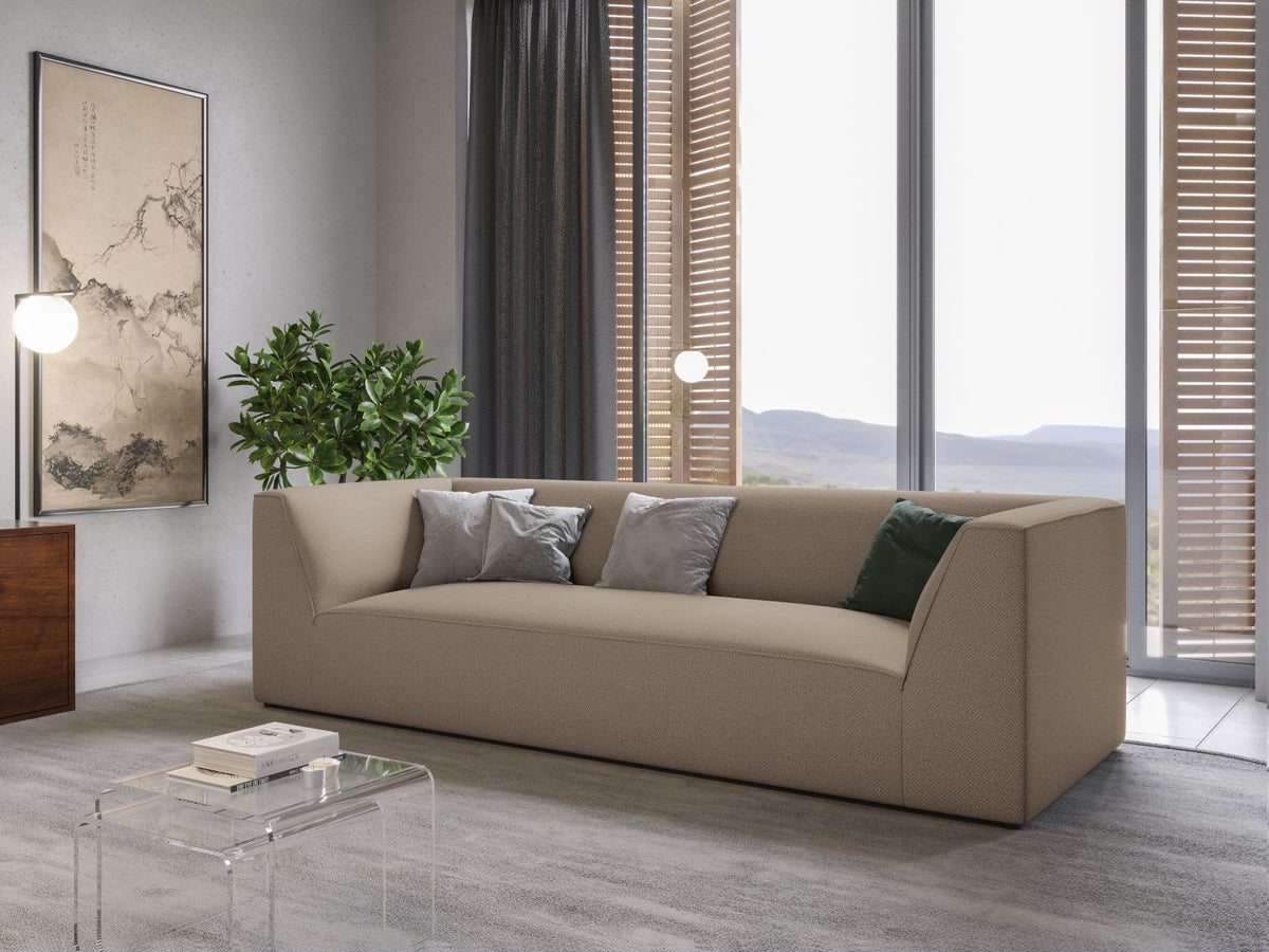 Gelbes 3-Sitzer Sofa Siena mit Massivholzrahmen, Ottawa-Stoffbezug und schwarzen Kunststoffbeinen aus Polypropylen, Frontalansicht.