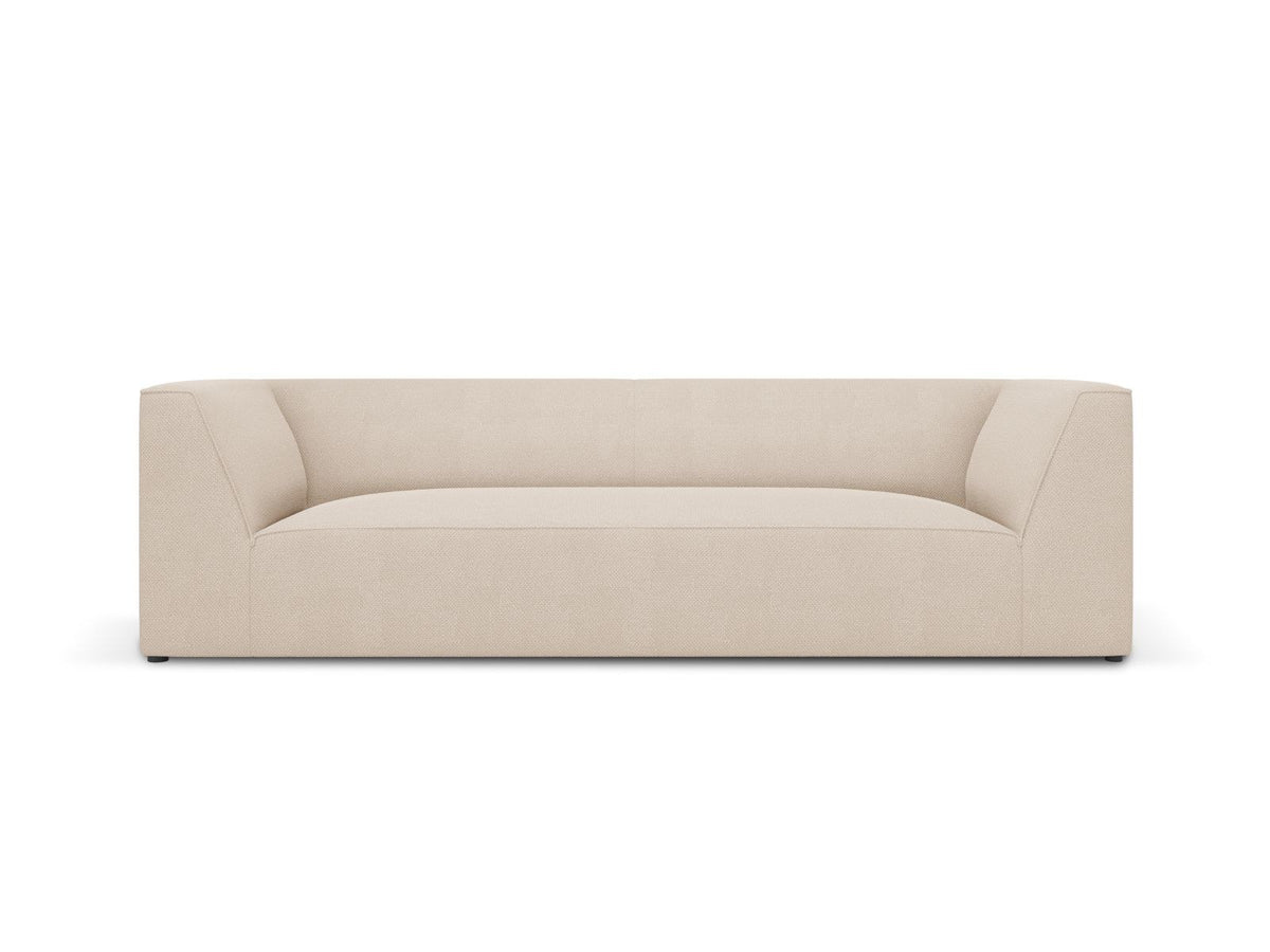 Gelbes 3-Sitzer Sofa Siena mit Massivholzrahmen, Ottawa-Stoffbezug und schwarzen Kunststoffbeinen aus Polypropylen, Frontalansicht.