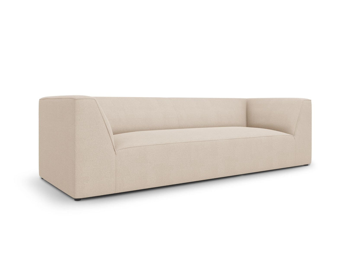 Gelbes 3-Sitzer Sofa Siena mit Massivholzrahmen, Ottawa-Stoffbezug und schwarzen Kunststoffbeinen aus Polypropylen, Frontalansicht.