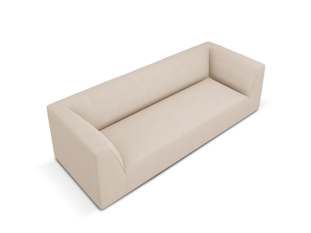 Gelbes 3-Sitzer Sofa Siena mit Massivholzrahmen, Ottawa-Stoffbezug und schwarzen Kunststoffbeinen aus Polypropylen, Frontalansicht.