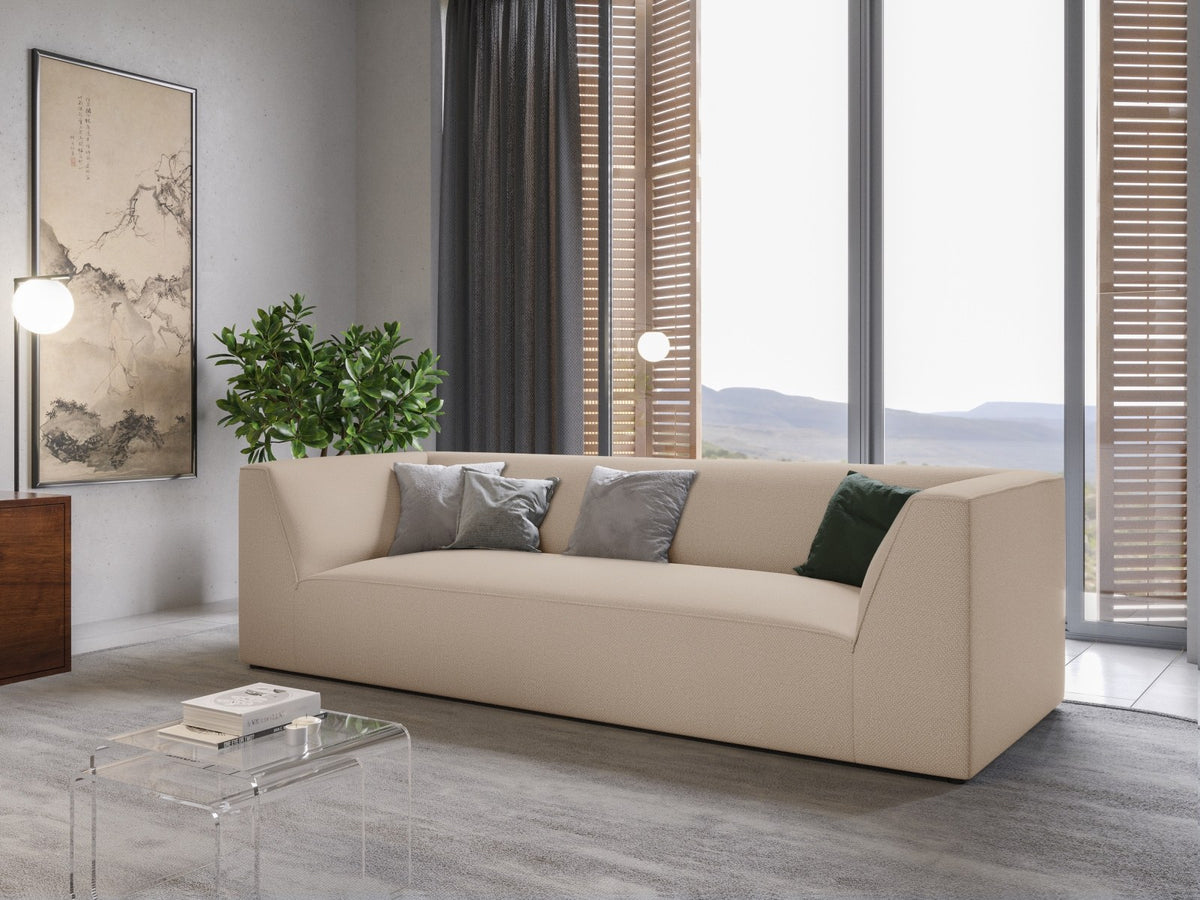 Gelbes 3-Sitzer Sofa Siena mit Massivholzrahmen, Ottawa-Stoffbezug und schwarzen Kunststoffbeinen aus Polypropylen, Frontalansicht.