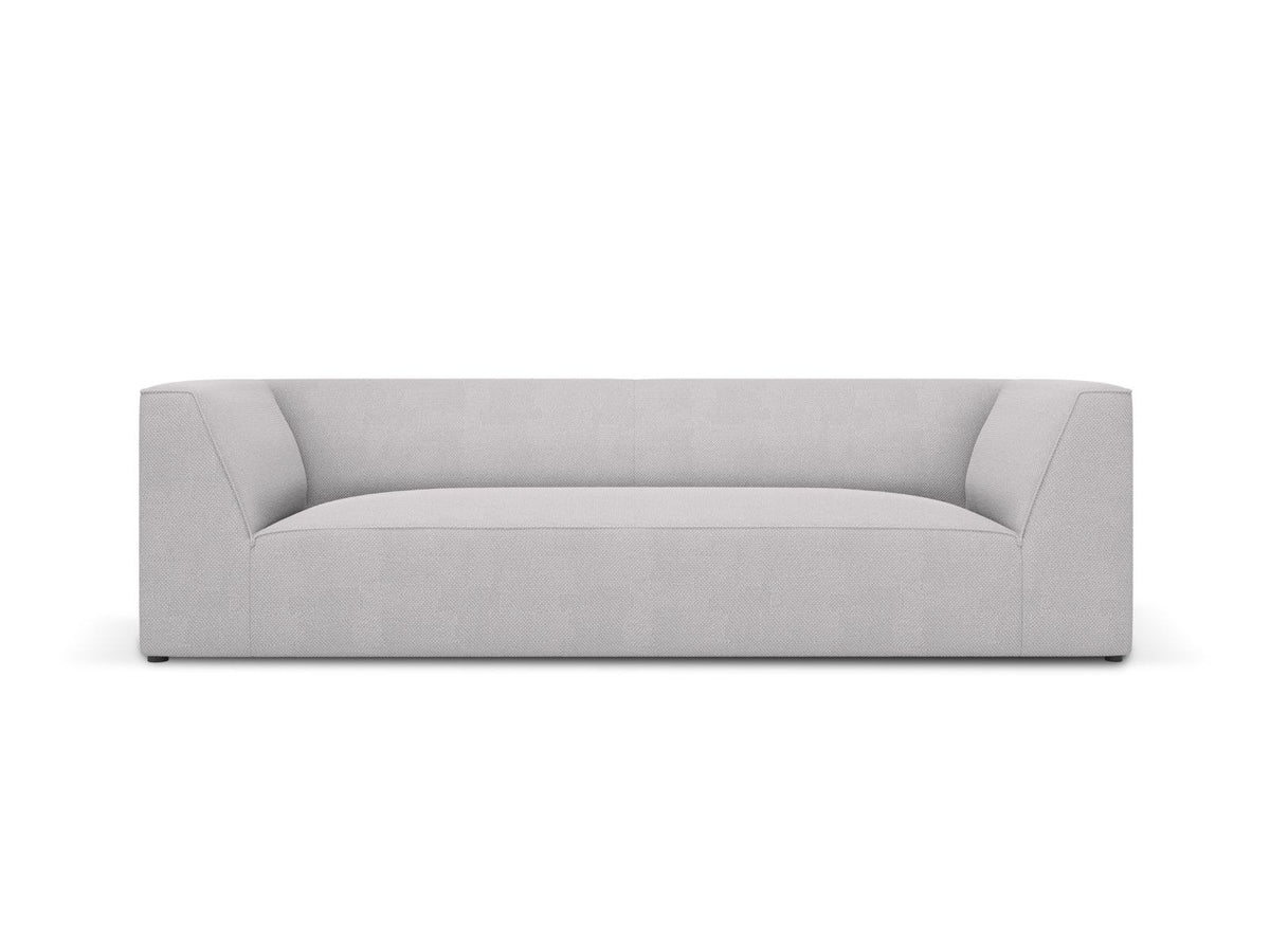 Gelbes 3-Sitzer Sofa Siena mit Massivholzrahmen, Ottawa-Stoffbezug und schwarzen Kunststoffbeinen aus Polypropylen, Frontalansicht.