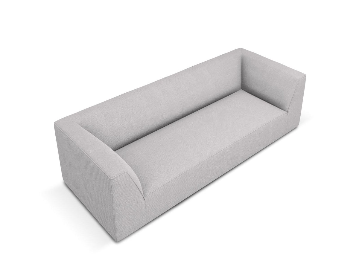 Gelbes 3-Sitzer Sofa Siena mit Massivholzrahmen, Ottawa-Stoffbezug und schwarzen Kunststoffbeinen aus Polypropylen, Frontalansicht.