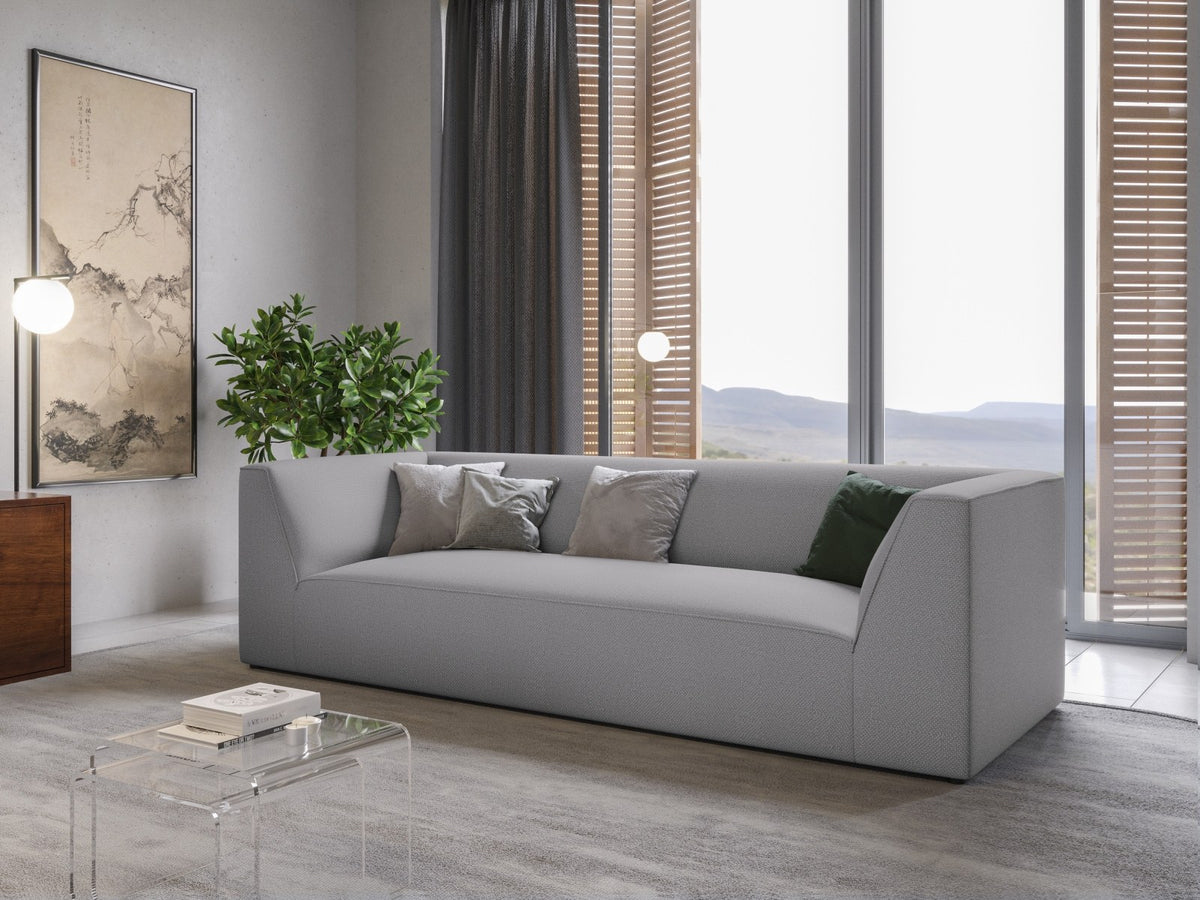 Gelbes 3-Sitzer Sofa Siena mit Massivholzrahmen, Ottawa-Stoffbezug und schwarzen Kunststoffbeinen aus Polypropylen, Frontalansicht.
