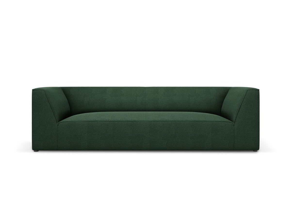 Gelbes 3-Sitzer Sofa Siena mit Massivholzrahmen, Ottawa-Stoffbezug und schwarzen Kunststoffbeinen aus Polypropylen, Frontalansicht.