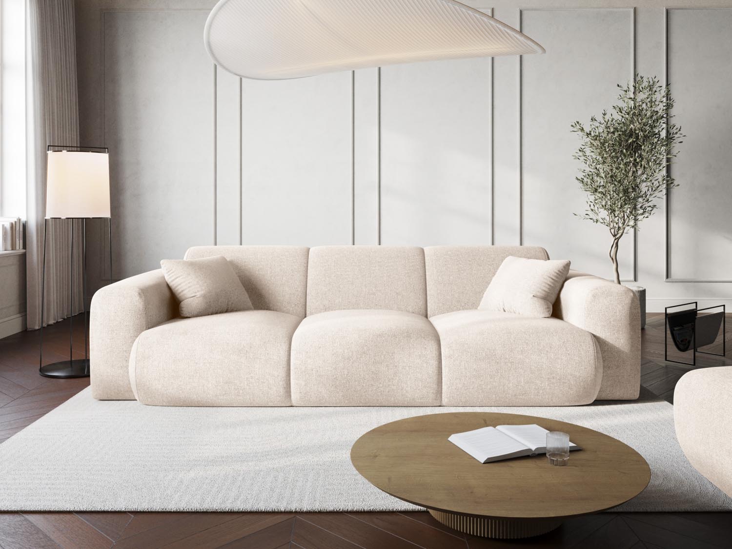 Elegantes Nolio 3-Sitzer Sofa in sanftem Beige, ideal für stilvolle Wohnräume. Modernes Design von Cosmopolitan Design.