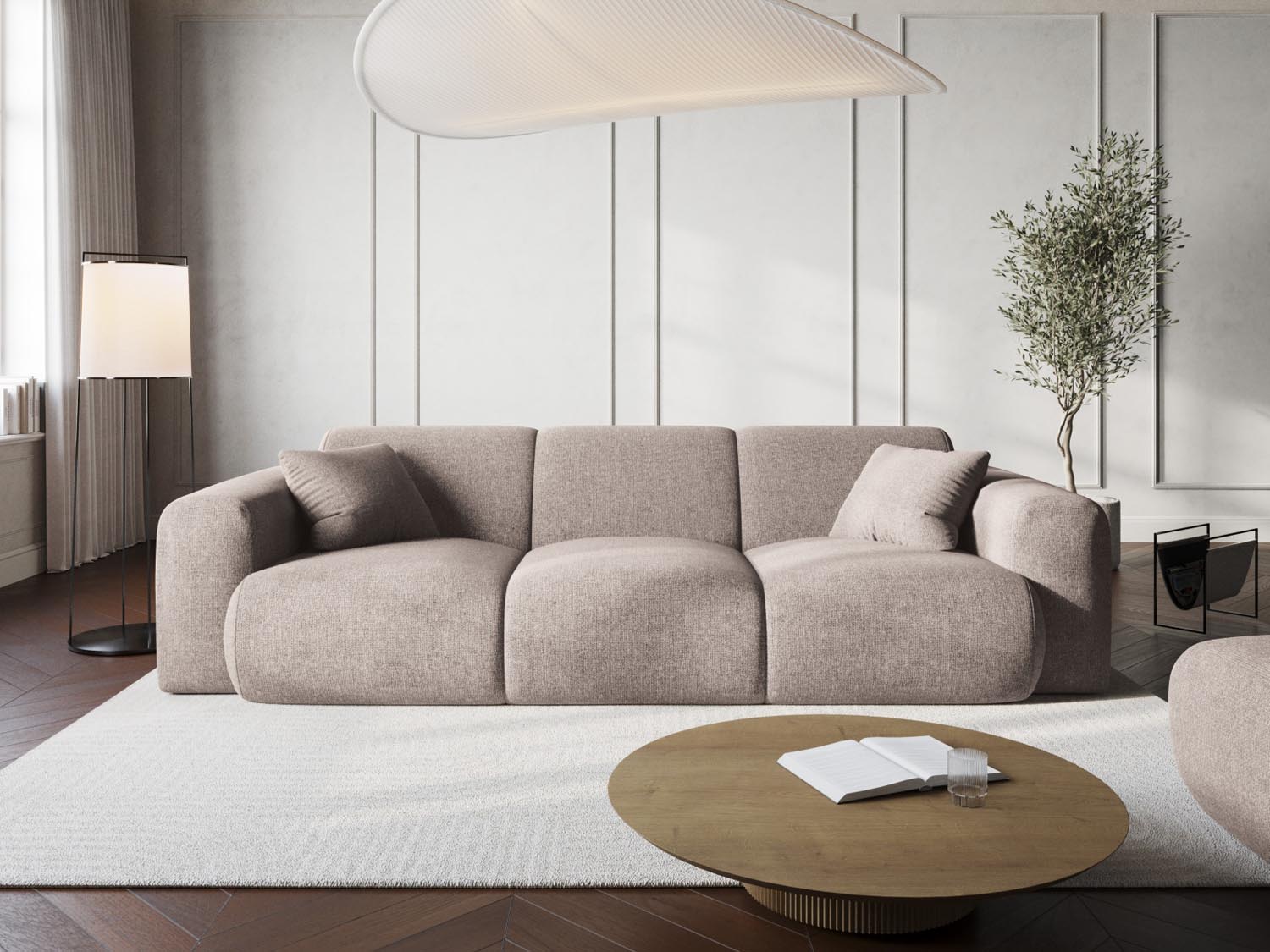 Beige Nolio 3-Sitzer Sofa von Cosmopolitan Design, stilvoll und modern, ideal für jedes Wohnzimmer, präsentiert in ansprechender Umgebung.