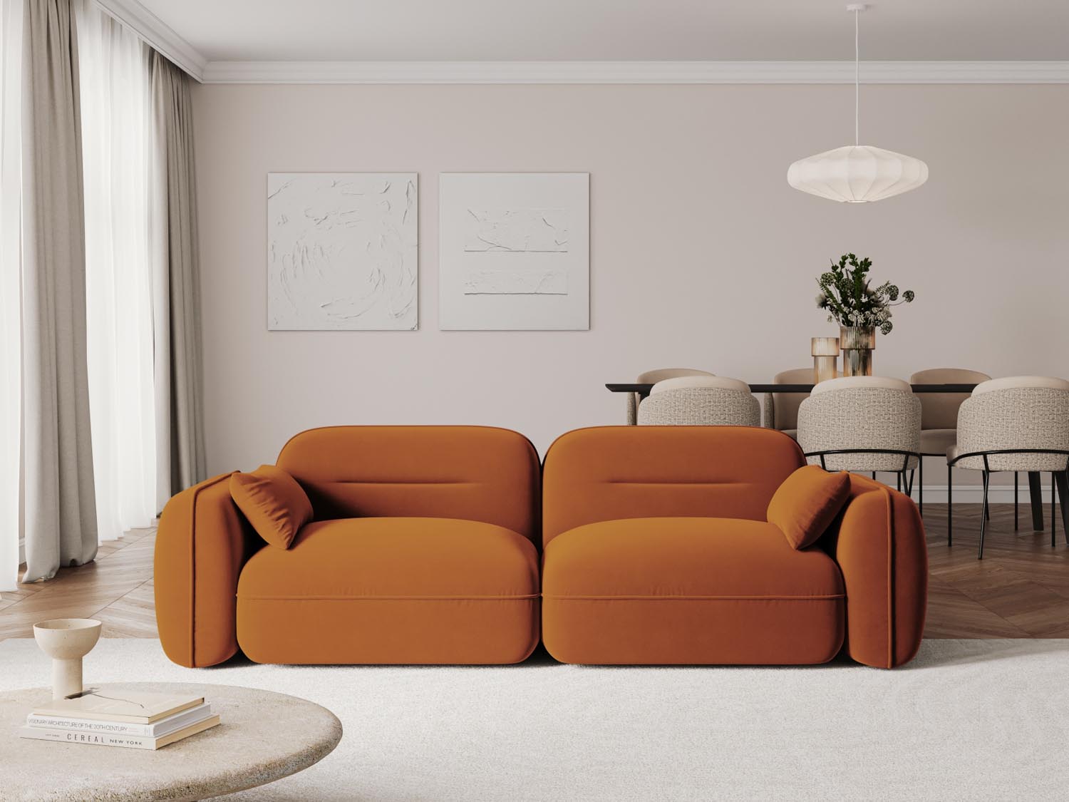 Elegantes 3-Sitzer Sofa "Sydney" aus Velours in warmem Terracotta, ideal für stilvolle Wohnräume, präsentiert von Cosmopolitan Design.