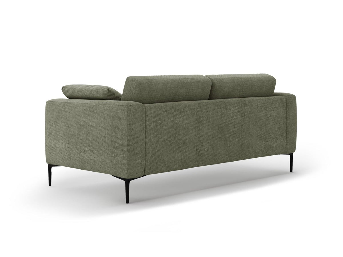 Beige-Sorella 3-Sitzer Sofa mit Strukturstoff, Massivholzrahmen und schwarzen Metallbeinen, klassische Sofaform mit gerader Rückenlehne.