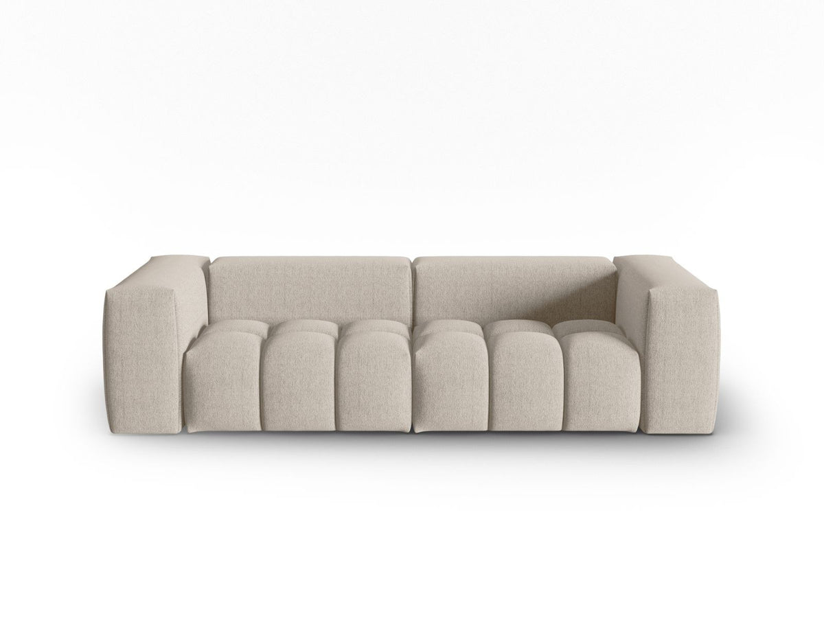 Modulares 3-Sitzer Sofa Verona in Beige mit Sorella-Stoffbezug, schwarzen Kunststoffbeinen und massivem Holzrahmen, Ansicht von vorne.