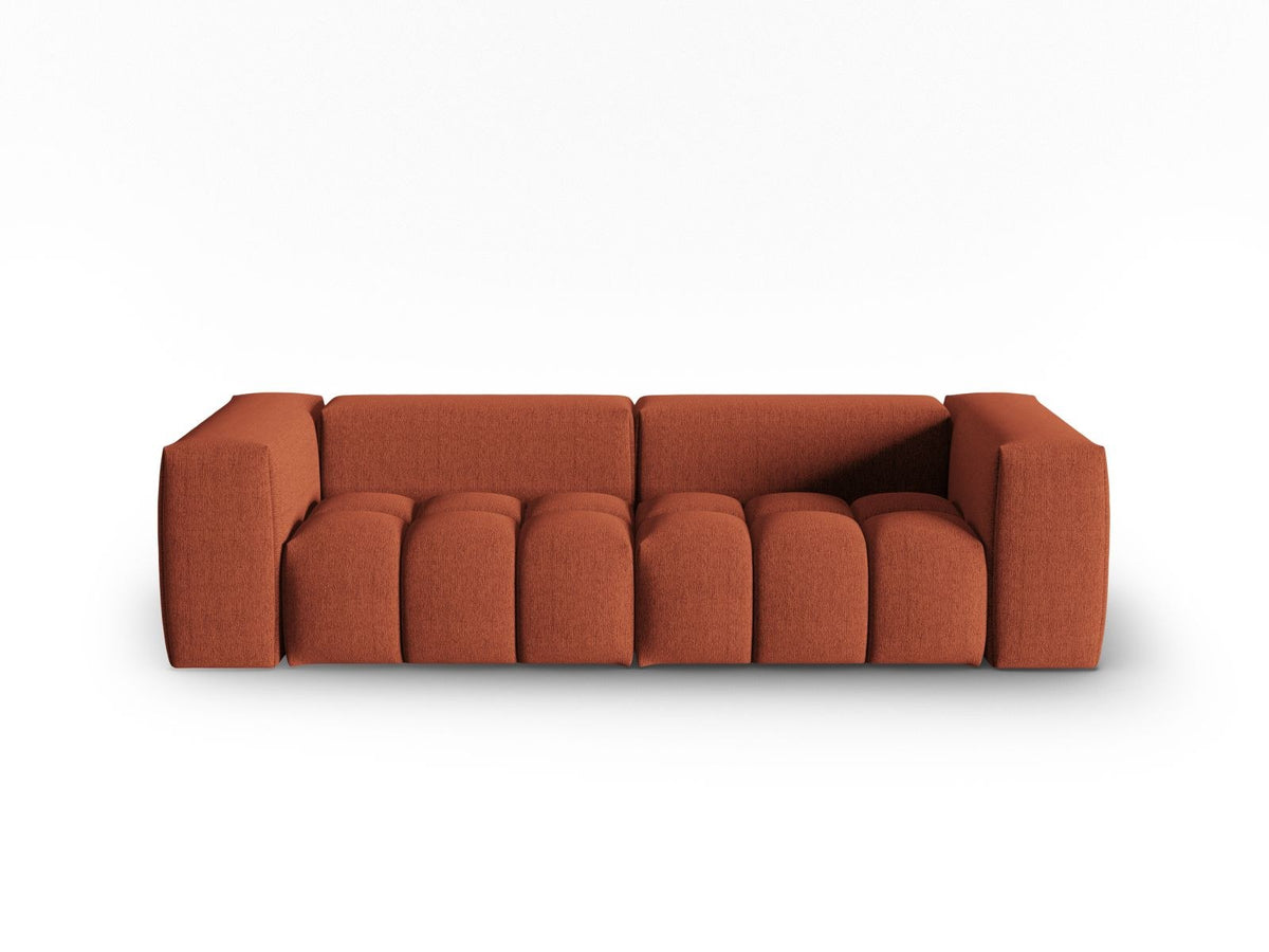 Modulares 3-Sitzer Sofa Verona in Beige mit Sorella-Stoffbezug, schwarzen Kunststoffbeinen und massivem Holzrahmen, Ansicht von vorne.