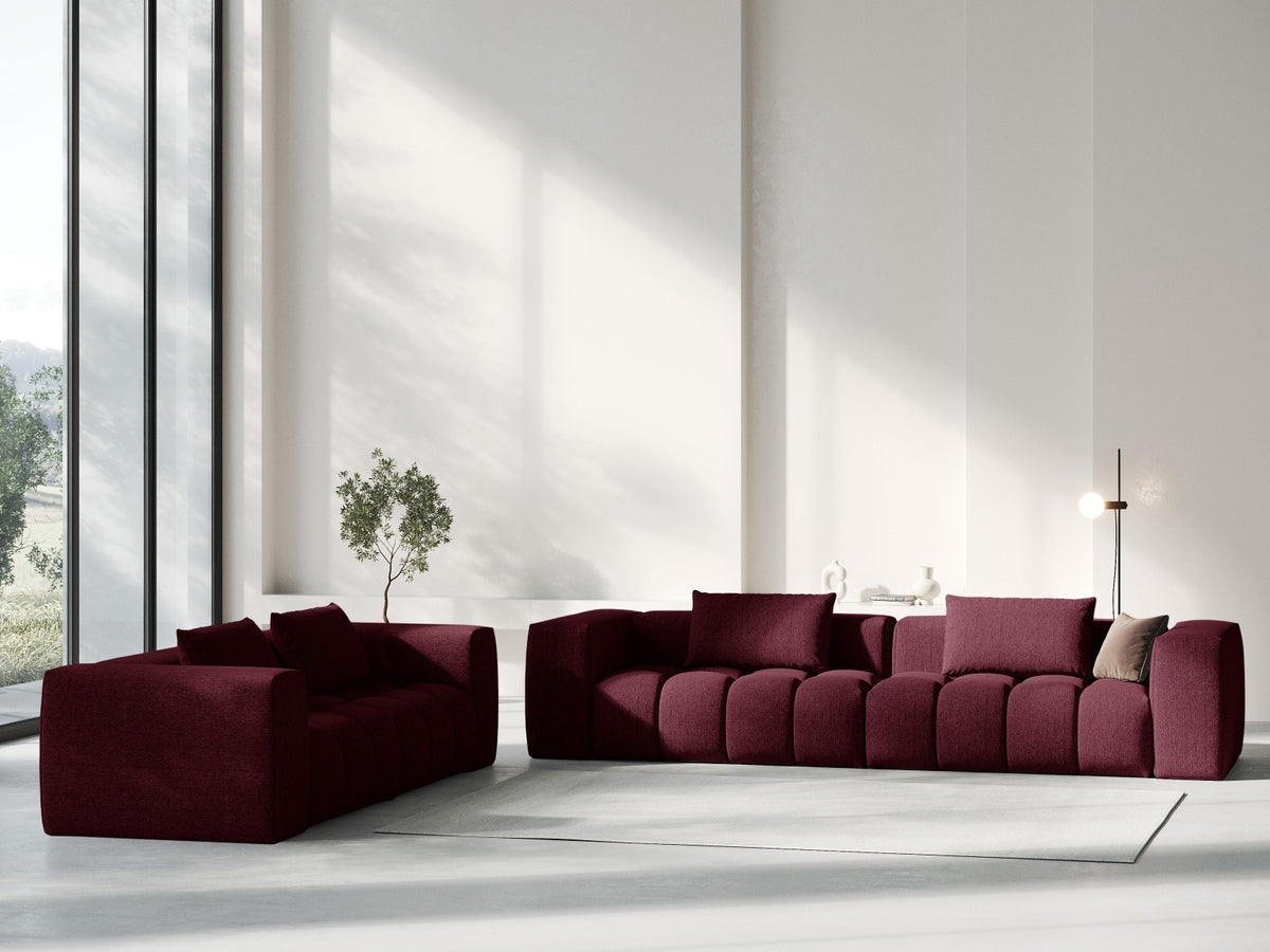 Modulares 3-Sitzer Sofa Verona in Beige mit Sorella-Stoffbezug, schwarzen Kunststoffbeinen und massivem Holzrahmen, Ansicht von vorne.