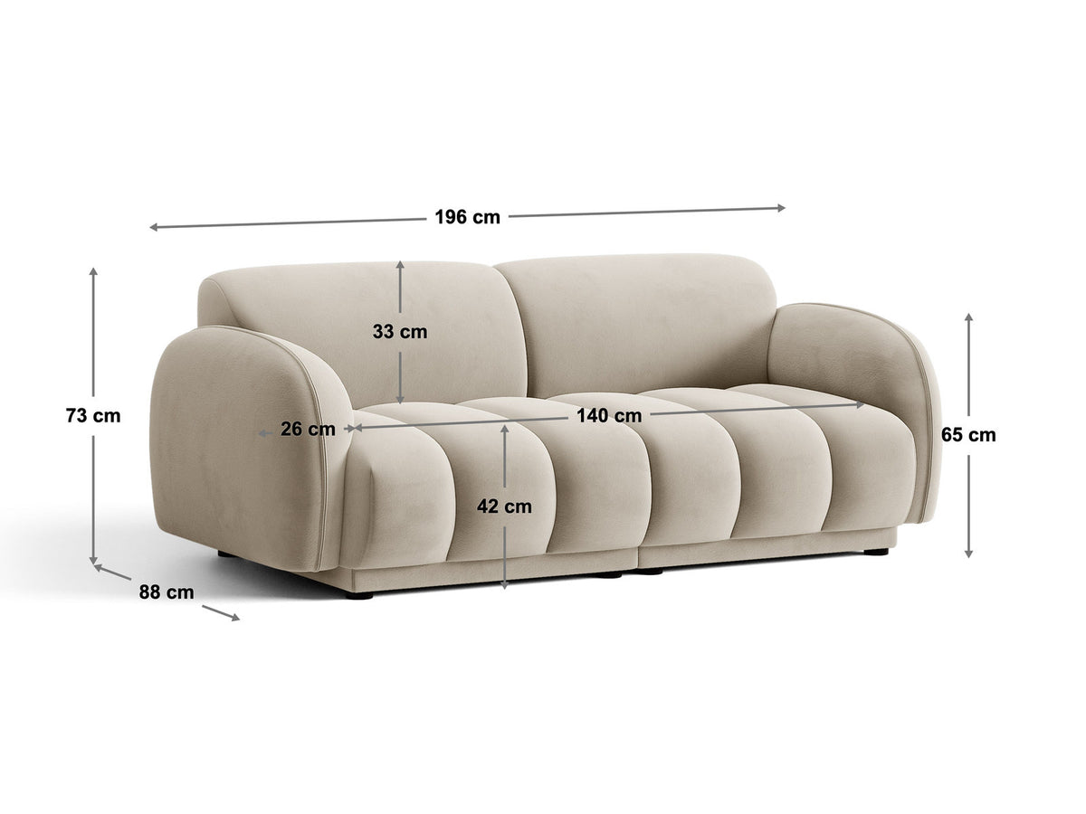 Beige-meliertes 3-Sitzer Sofa Bilbao aus Bouclé-Stoff mit Massivholzrahmen und schwarzen Kunststoffbeinen, Cosmopolitan Design.