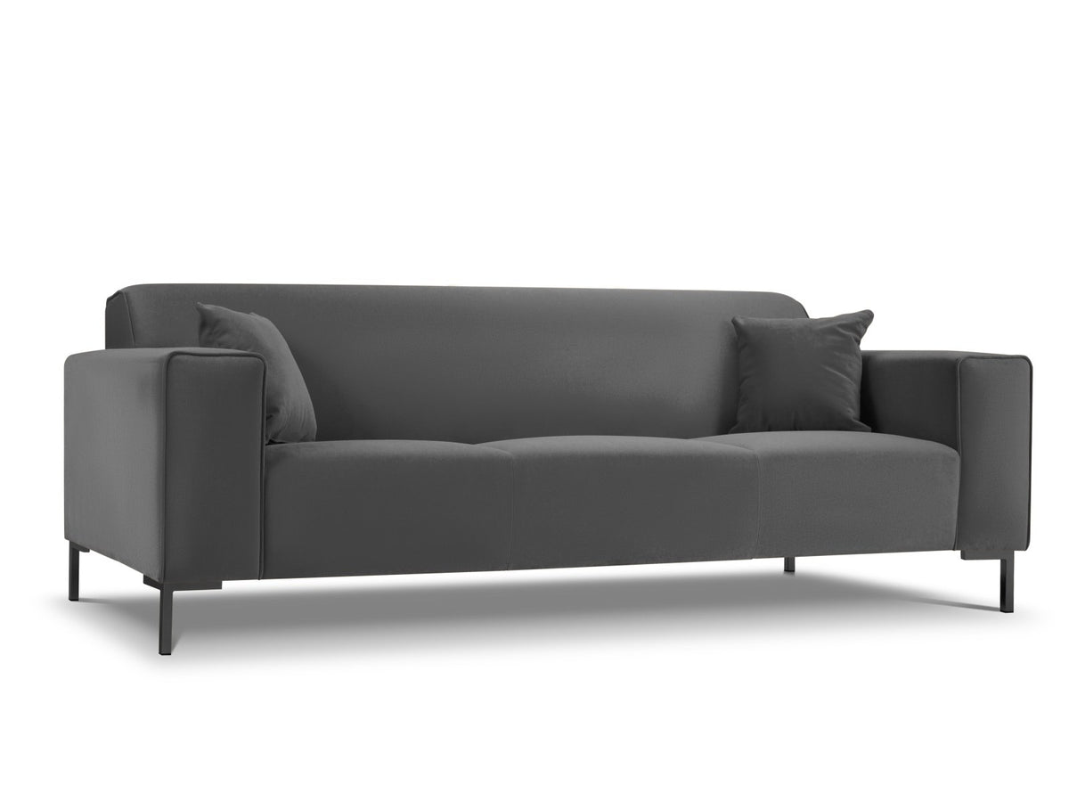 Dreisitzer-Sofa mit schwarzem Samtbezug (Salvador), Massivholzrahmen und schwarzen Kunststoffbeinen, Breite 232 cm.