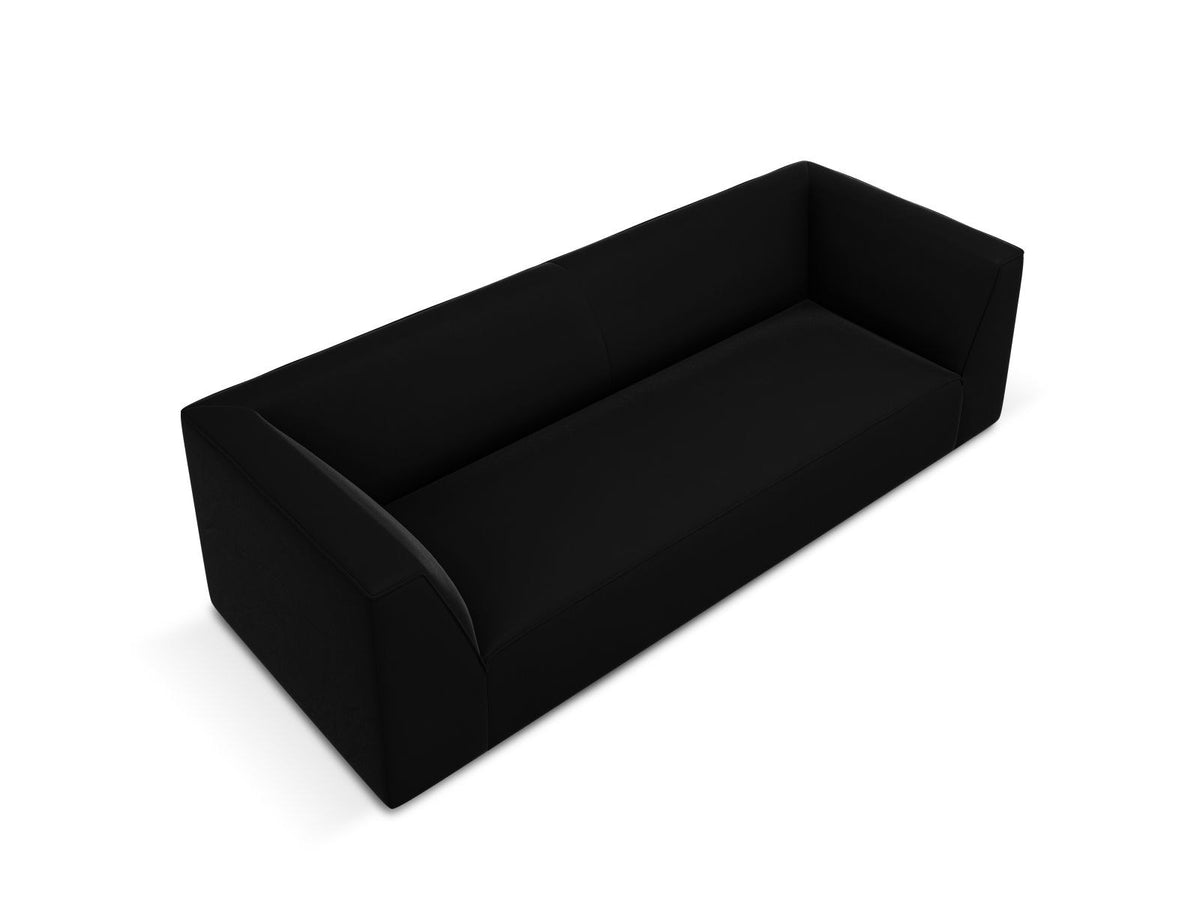 Dreisitzer-Sofa mit schwarzem Samtbezug (Salvador), Massivholzrahmen und schwarzen Kunststoffbeinen, Breite 232 cm.