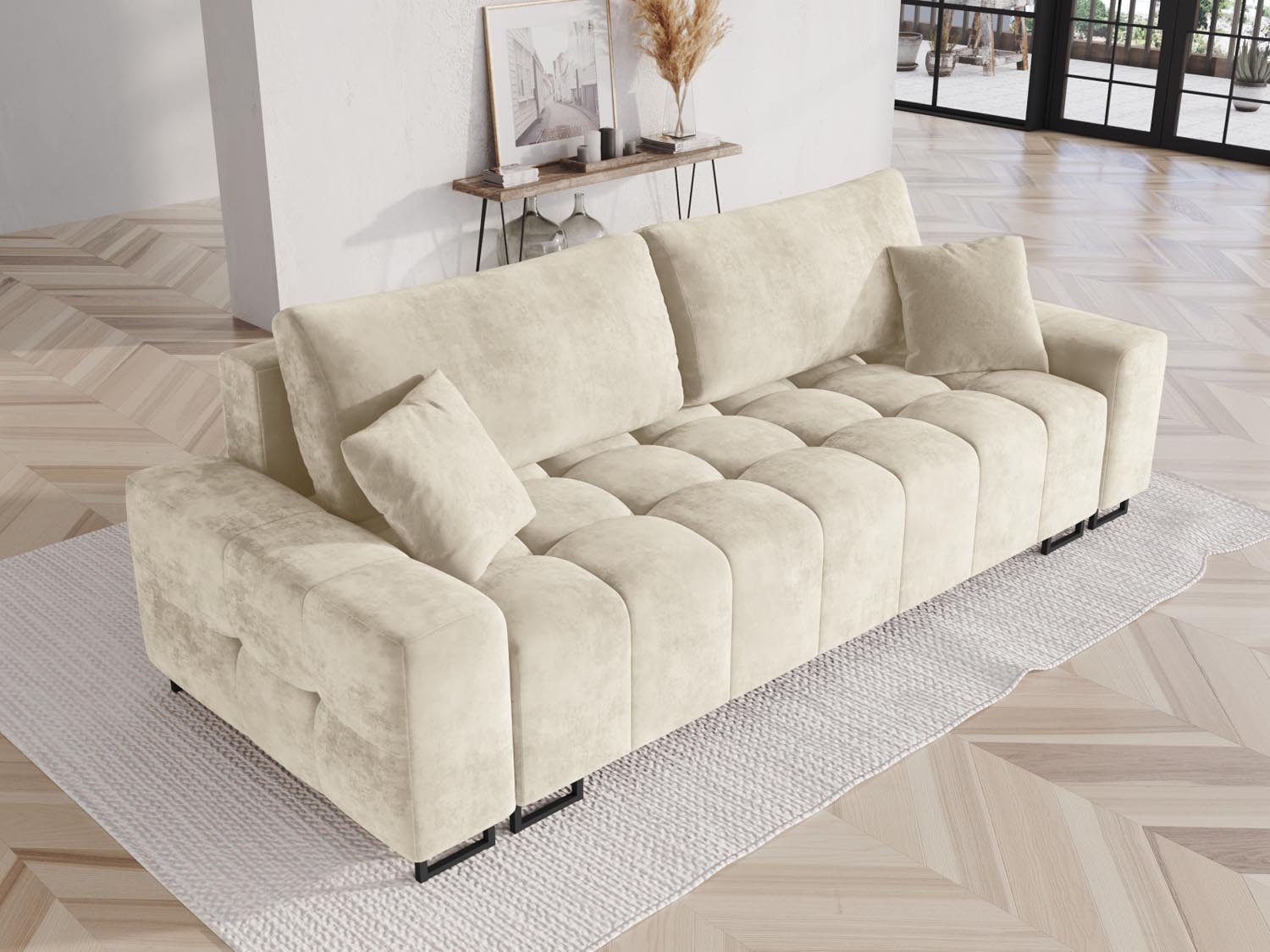 Entdecken Sie das Wicklow Velour Sofa von Cosmopolitan Design – ein elegantes 3-Sitzer Sofa mit Schlaffunktion und praktischem Stauraum für Ihr modernes Zuhause.