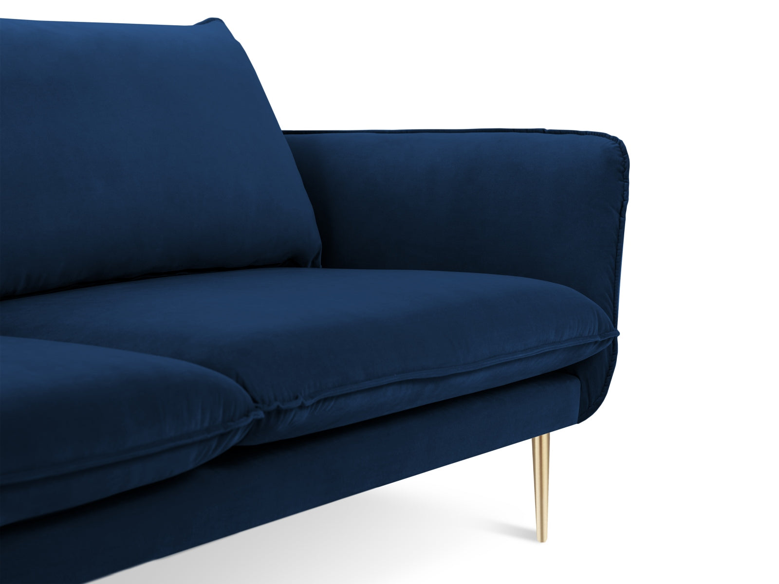 Luxuriöses 3-Sitzer Sofa "Vienna" in tiefem Blau, gepolstert mit weichem Velours und verziert mit edlen goldenen Details.