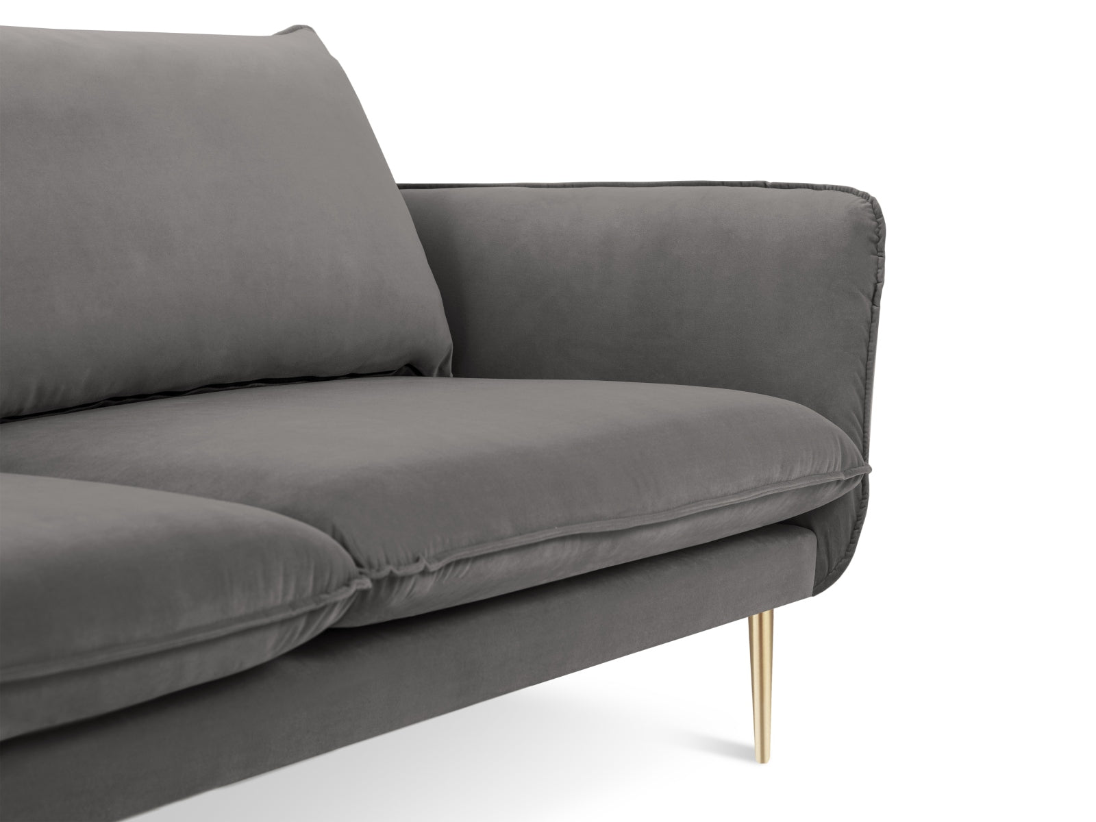 Stilvolles 3-Sitzer Sofa "Vienna" aus Velours in zartem Hellgrau, 92 cm, mit edlen goldenen Details für ein modernes Ambiente.