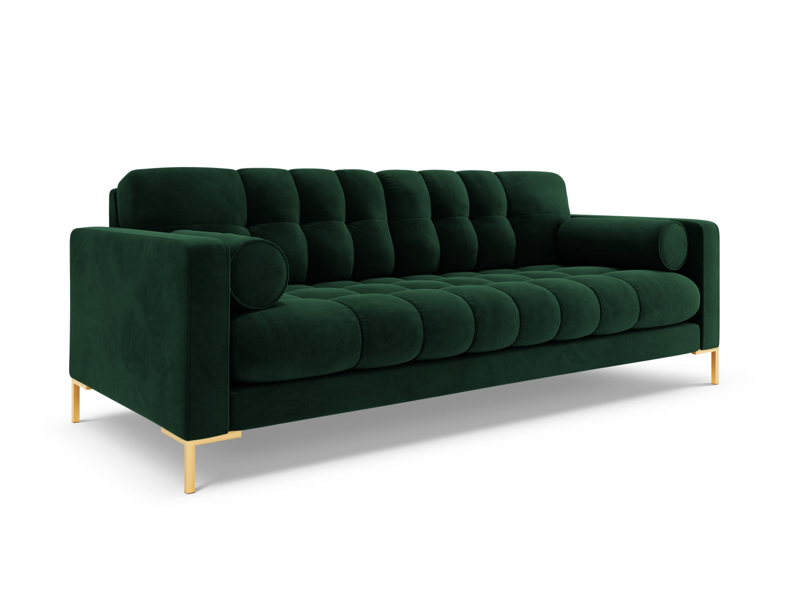 Elegantes 3-Sitzer Sofa Bali in edlem Bottle Green-Bluvel, ideal für stilvolle Wohnräume und entspannte Stunden mit Freunden.