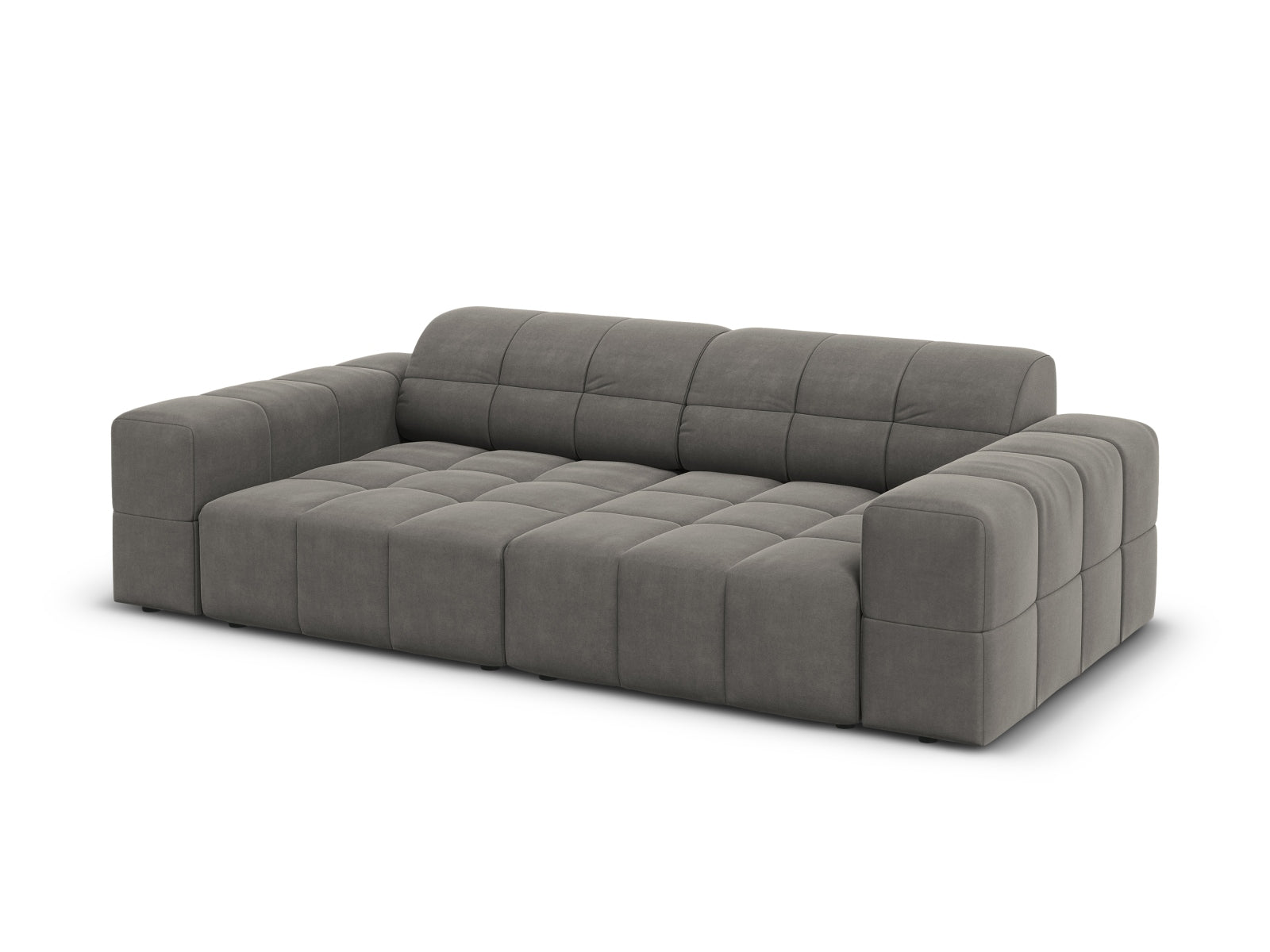Stylisches 3-Sitzer Sofa im luxuriösen Veloursstoff, sanftes Grau, perfekt für moderne Wohnkonzepte von Cosmopolitan Design.
