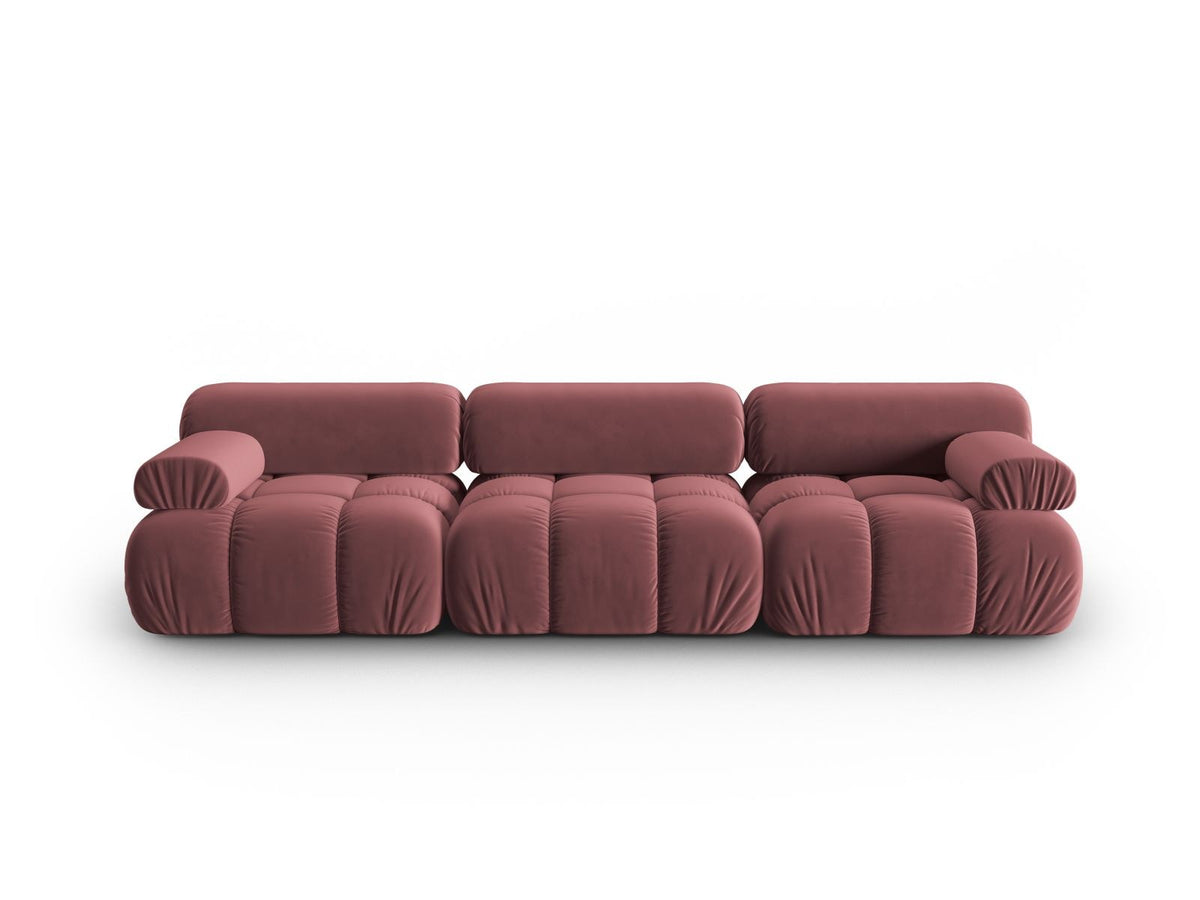 Modulares 3-Sitzer Sofa Cortina in Pink-Bluvel Samtstoff mit schwarzen Kunststoffbeinen, Massivholzrahmen, Sitzfläche 230 cm breit.