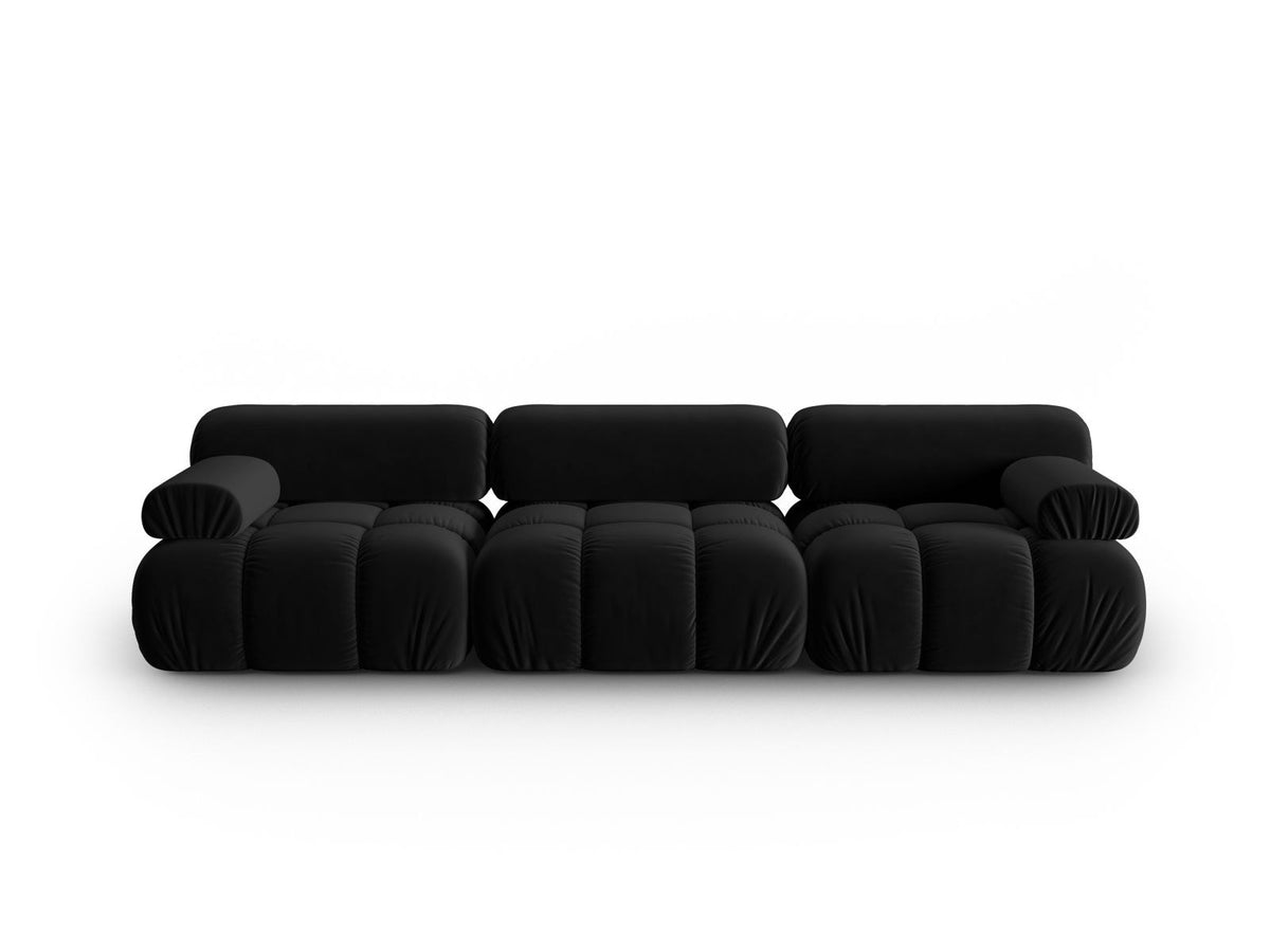 Modulares 3-Sitzer Sofa Cortina in Pink-Bluvel Samtstoff mit schwarzen Kunststoffbeinen, Massivholzrahmen, Sitzfläche 230 cm breit.