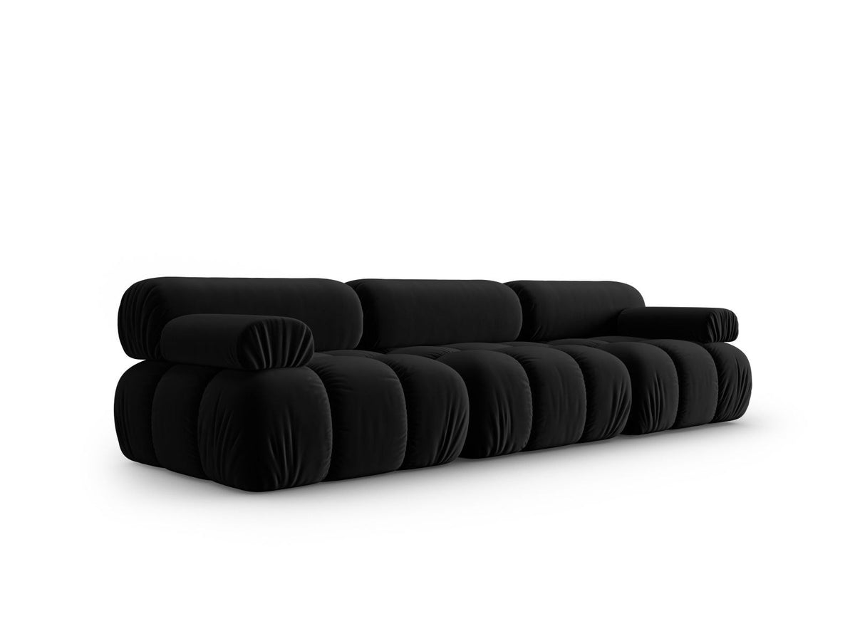 Modulares 3-Sitzer Sofa Cortina in Pink-Bluvel Samtstoff mit schwarzen Kunststoffbeinen, Massivholzrahmen, Sitzfläche 230 cm breit.