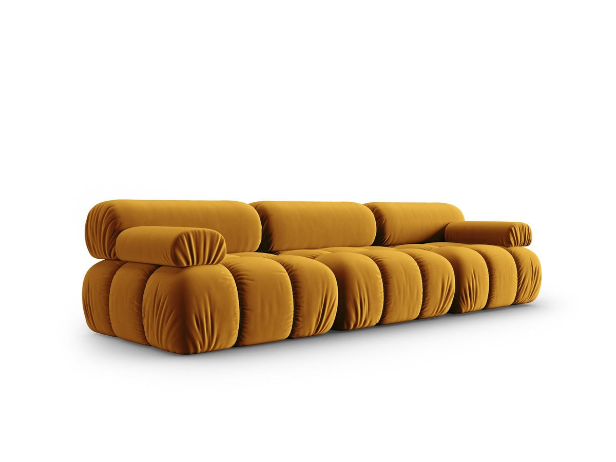 Modulares 3-Sitzer Sofa Cortina in Pink-Bluvel Samtstoff mit schwarzen Kunststoffbeinen, Massivholzrahmen, Sitzfläche 230 cm breit.