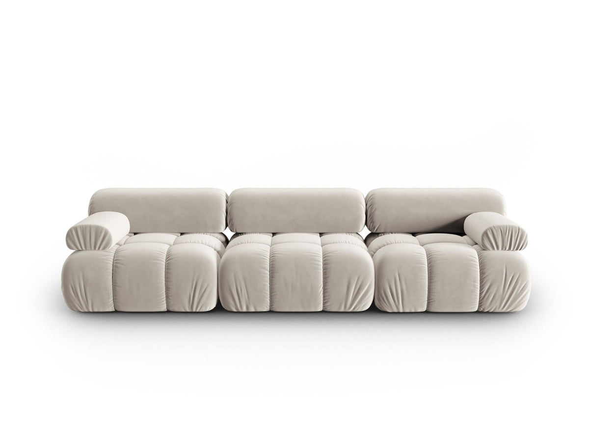 Modulares 3-Sitzer Sofa Cortina in Pink-Bluvel Samtstoff mit schwarzen Kunststoffbeinen, Massivholzrahmen, Sitzfläche 230 cm breit.