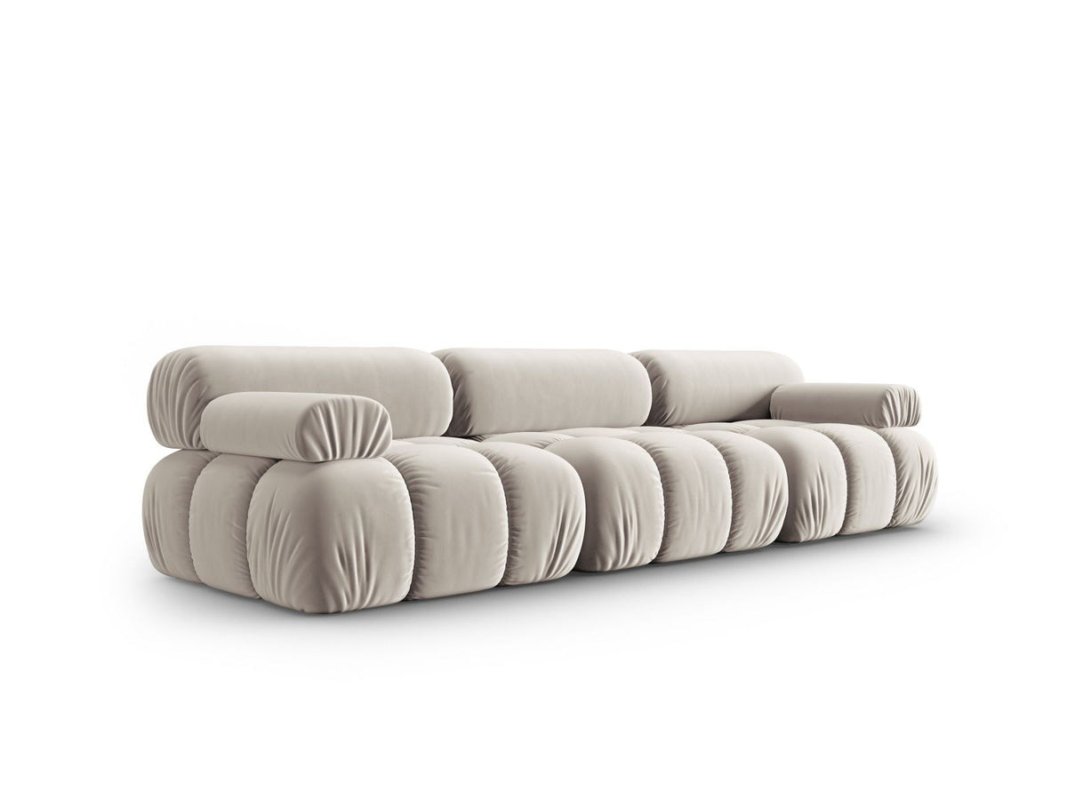 Modulares 3-Sitzer Sofa Cortina in Pink-Bluvel Samtstoff mit schwarzen Kunststoffbeinen, Massivholzrahmen, Sitzfläche 230 cm breit.