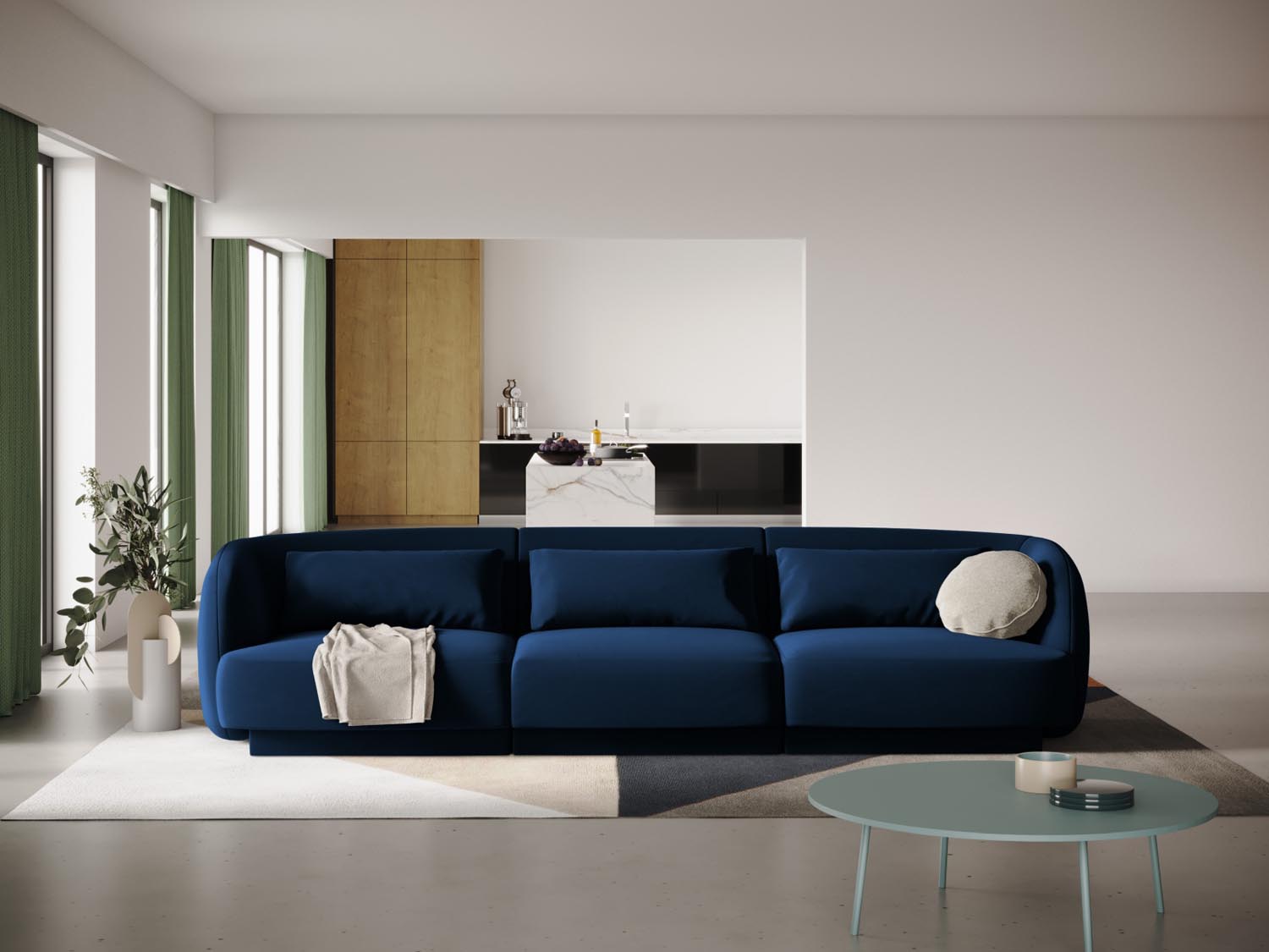 Elegantes Tulum Velour Sofa in Royal Blue, 3-Sitzer mit modernem Design, ideal für stilvolle Wohnräume.