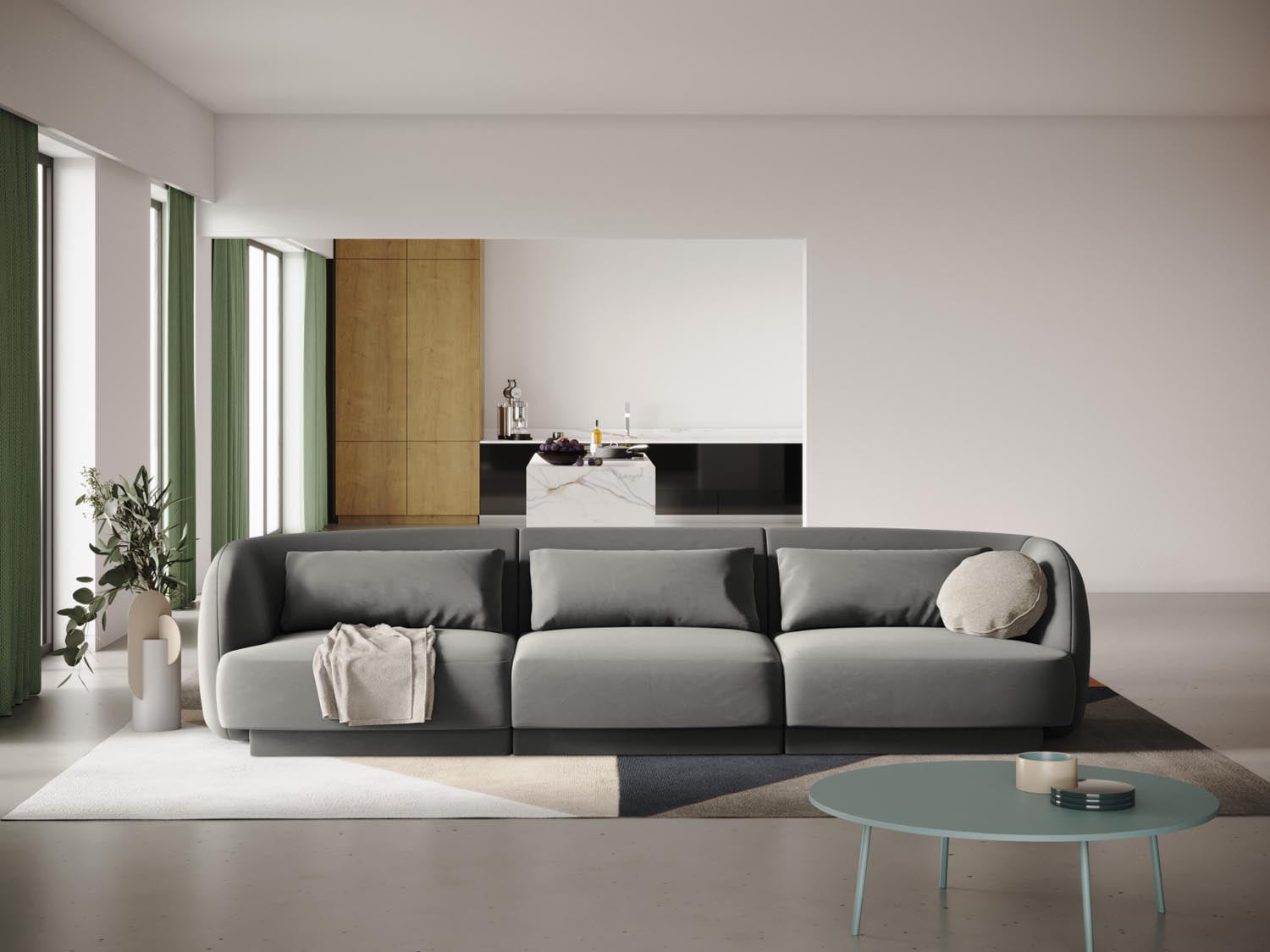 Elegantes Tulum Velour Sofa in sanftem Grau, ideal für stilvolle Wohnräume. Komfortables 3-Sitzer-Design von Cosmopolitan Design.