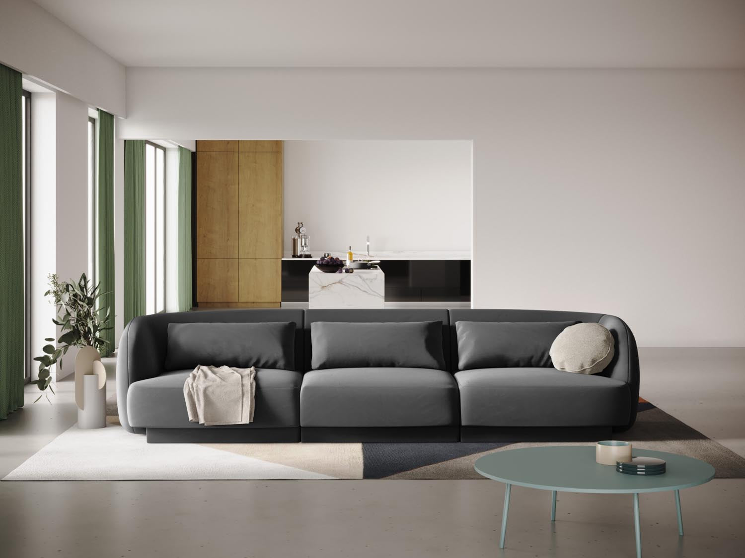 Elegantes Tulum Velour Sofa in Grau-Blau, 3-Sitzer mit modernem Design, ideal für stilvolle Wohnräume.