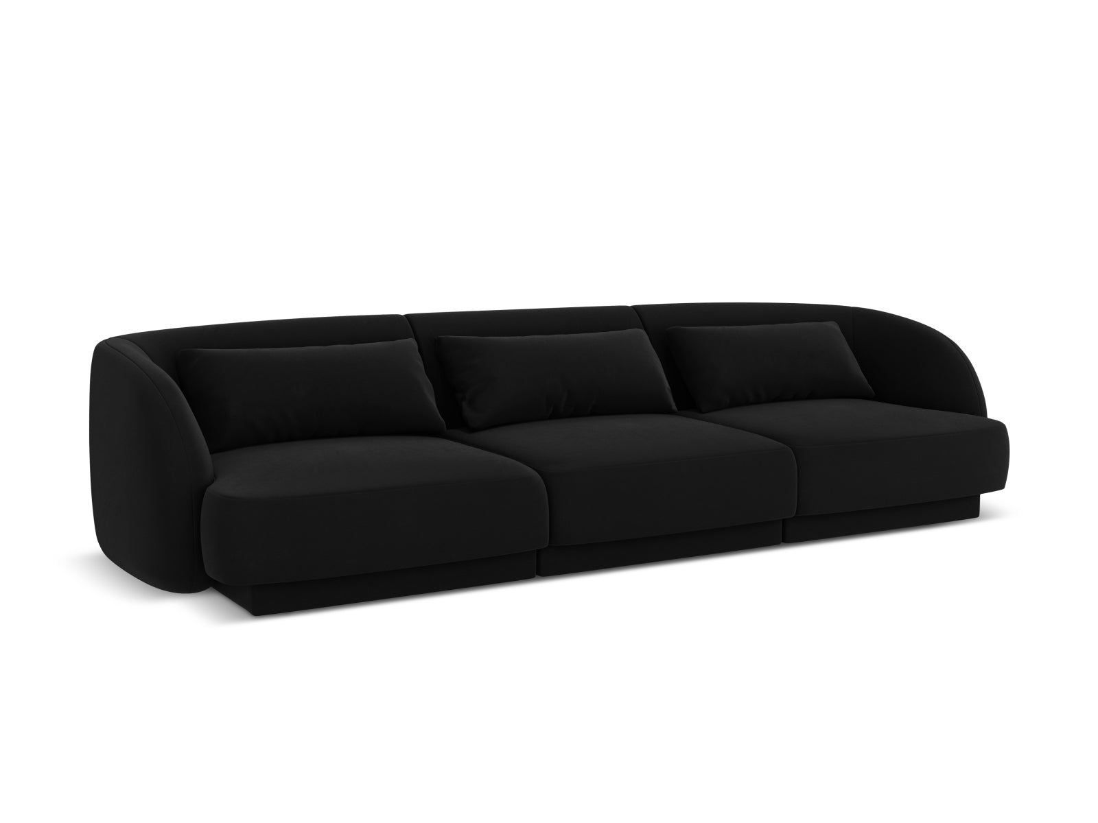 Stilvolles 3-Sitzer Sofa Tulum aus Velours in Schwarz-Bluvel, perfekt für moderne Wohnkonzepte und gemütliche Entspannung.