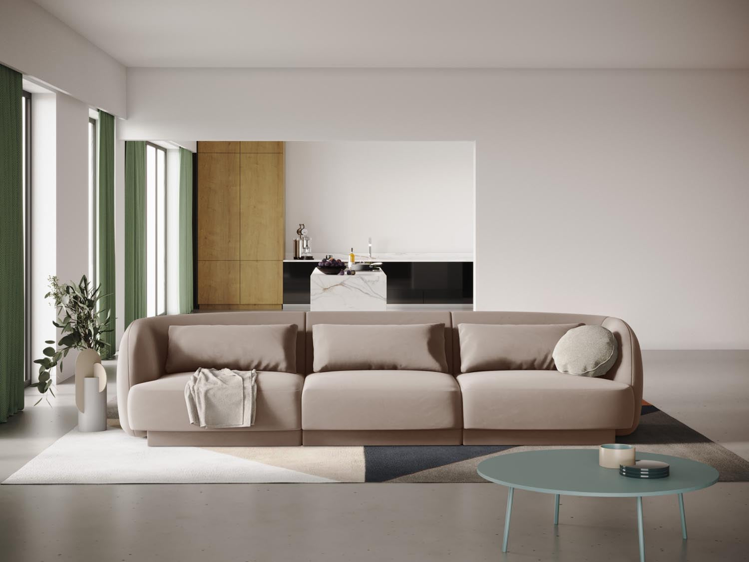 Elegantes Tulum Velour Sofa in Beige-Bluvel, 3-Sitzer mit modernem Design, ideal für stilvolle Wohnräume.
