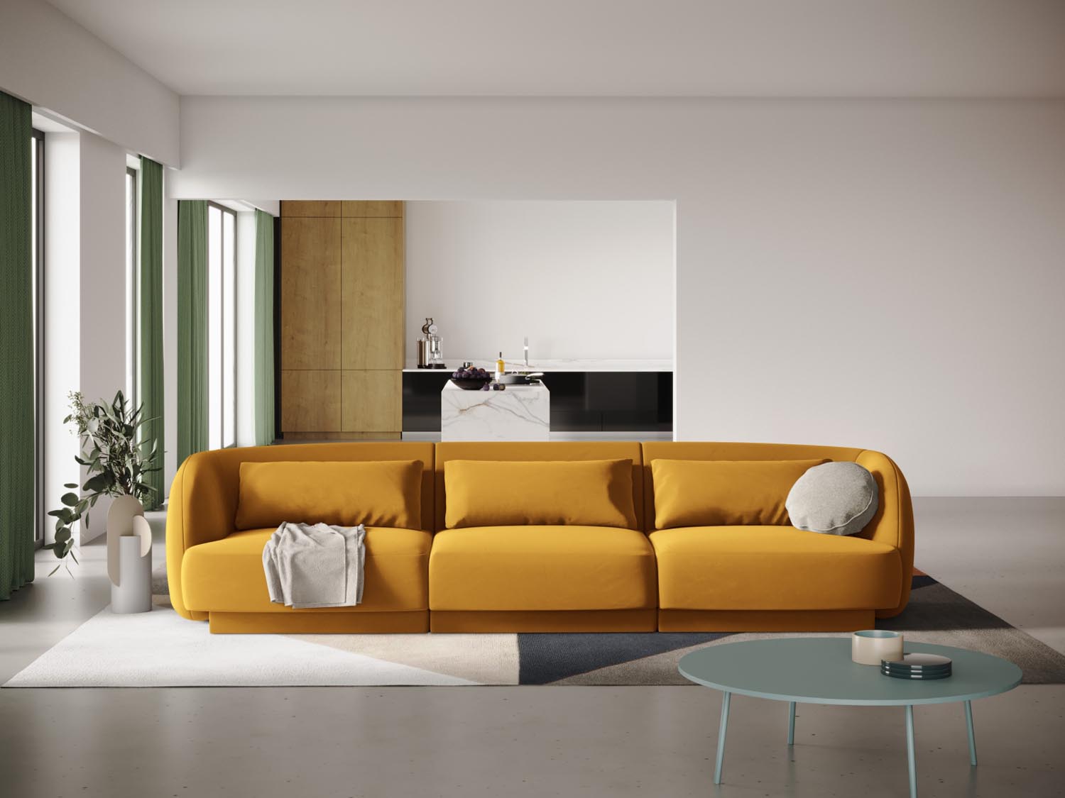 Elegantes Tulum Velour Sofa in Gelb-Blau, 3-Sitzer mit modernem Design, ideal für stilvolle Wohnräume.