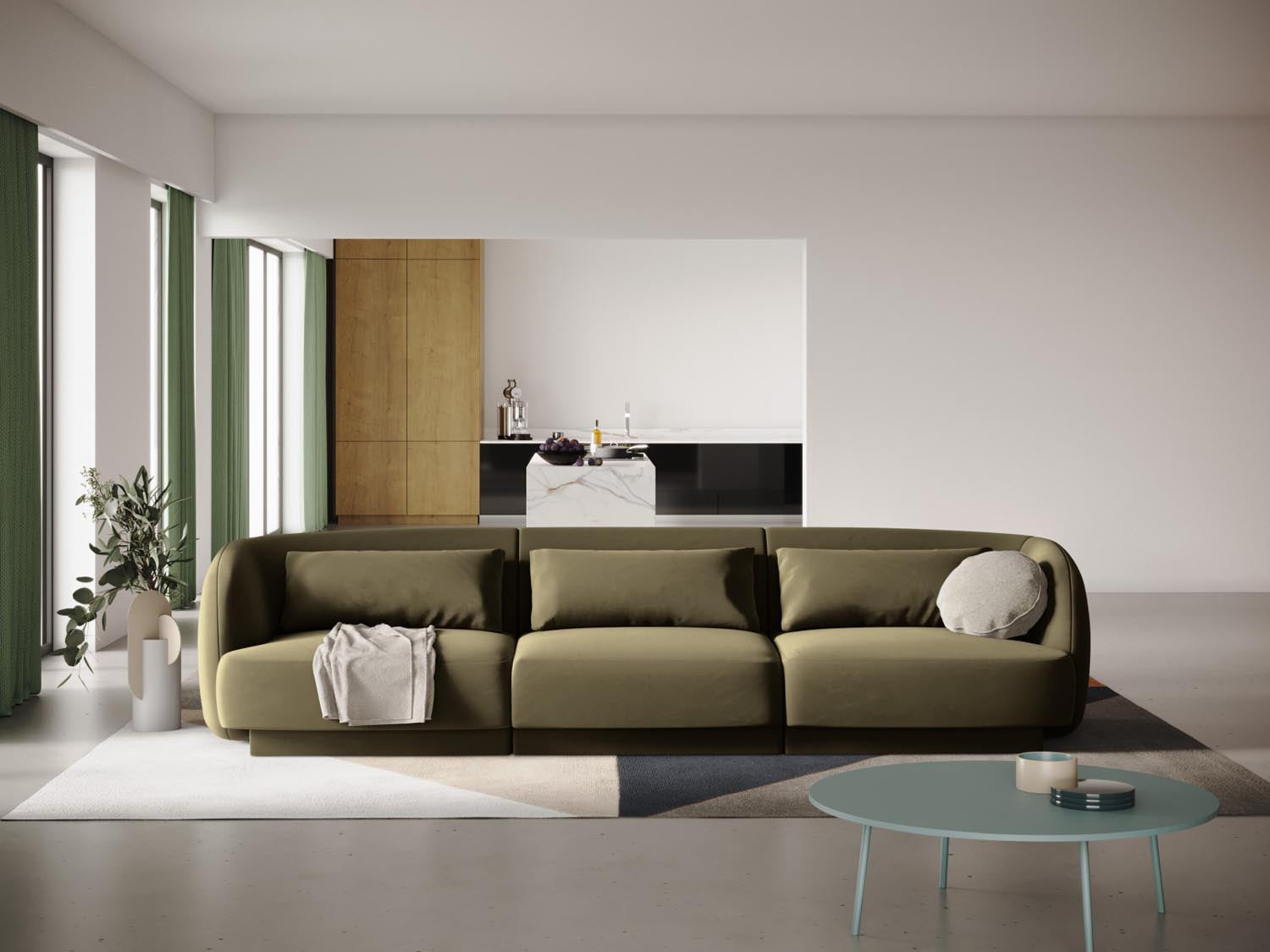 Elegantes Tulum Velour Sofa in Green-Bluvel, 3-Sitzer mit modernem Design, ideal für stilvolle Wohnräume.