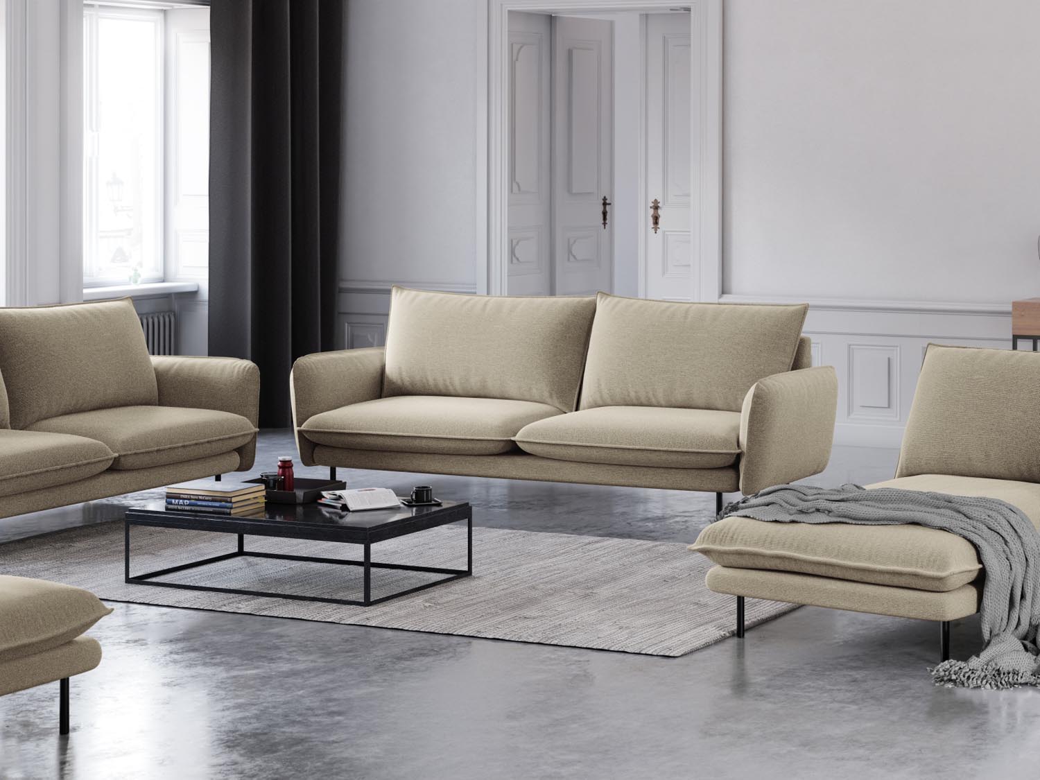 Elegantes 3-Sitzer Sofa "Vienna" in Beige und Schwarz, ideal für stilvolle Wohnräume, präsentiert von Cosmopolitan Design.