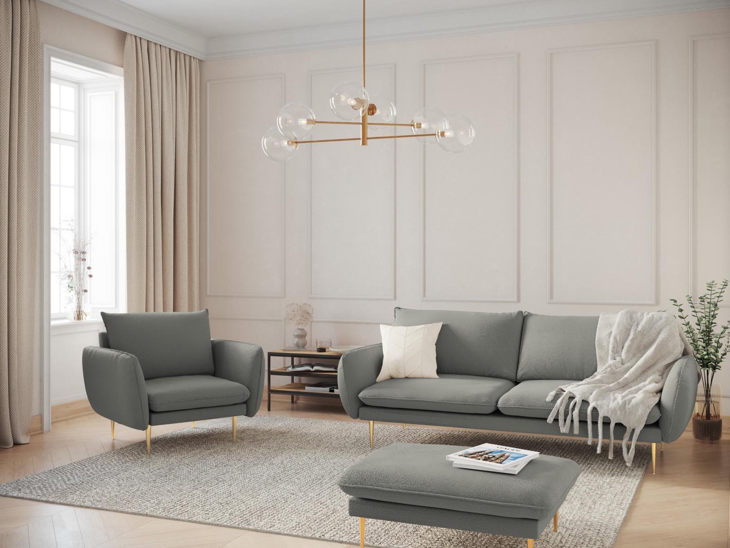 Elegantes 3-Sitzer Sofa "Vienna" in Boucle-Optik, 92 cm, in Grau mit goldenen Akzenten, ideal für stilvolle Wohnräume.