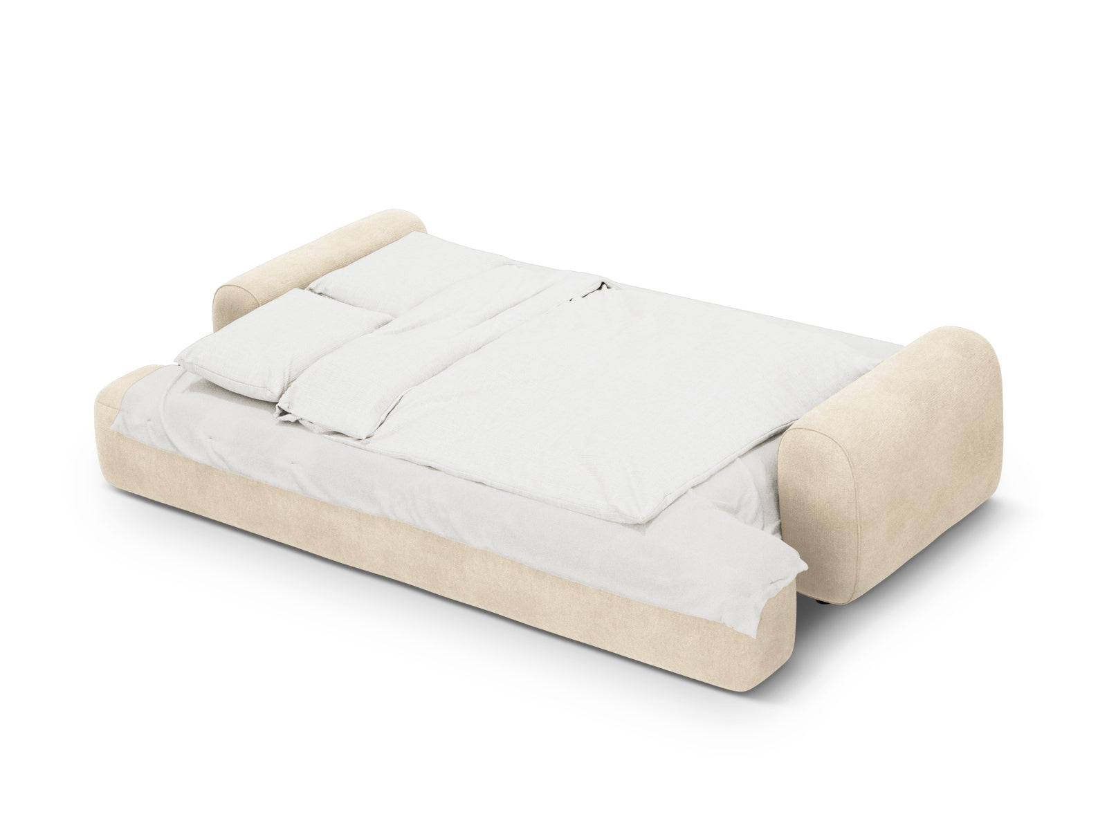 Elegantes 4-Sitzer Sofa Calma in neutralem Beige, ideal für gemütliche Räume, bietet praktische Schlaffunktion und Stauraum für mehr Ordnung.